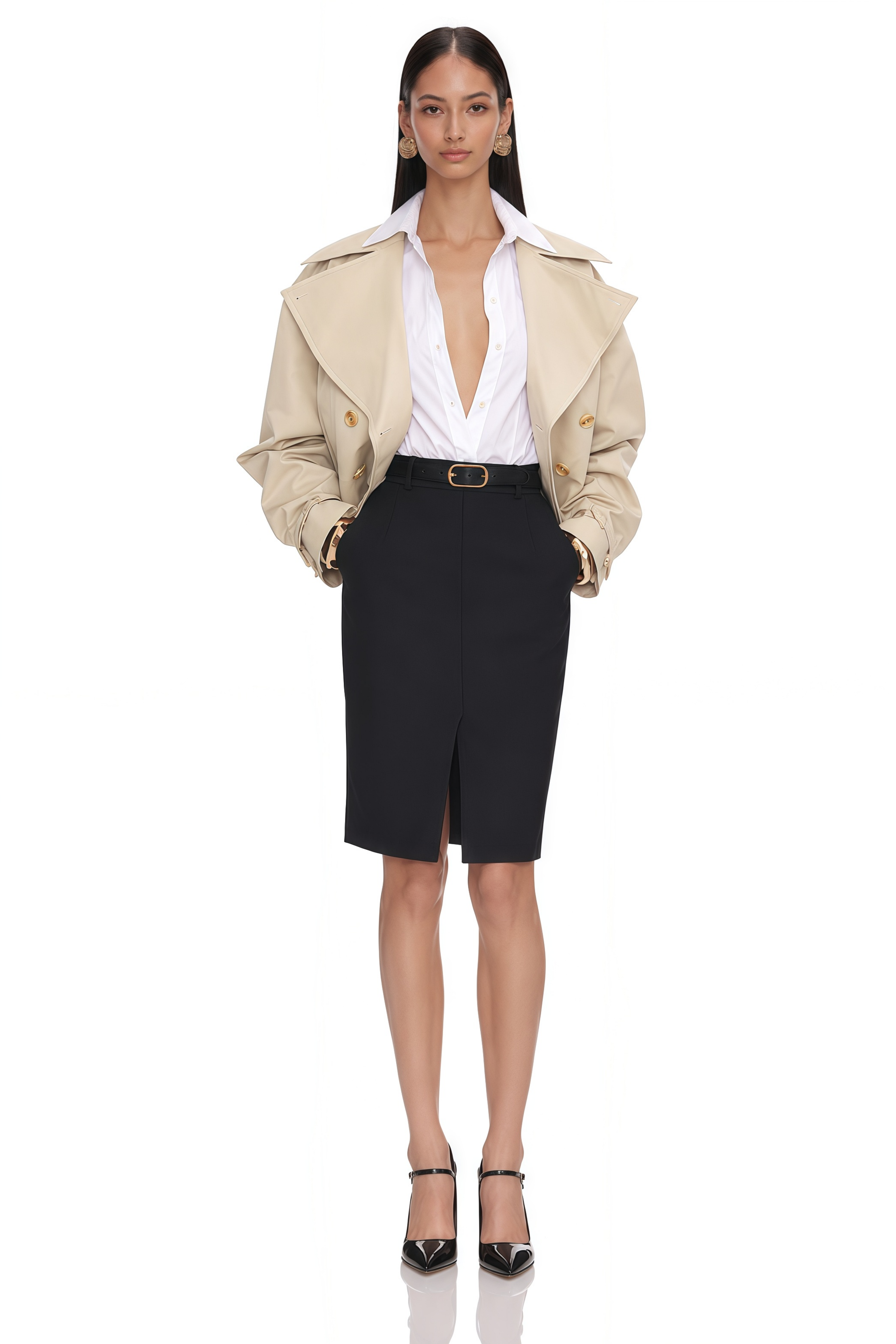 Avril Khaki Double-Breasted Short Trench Coat