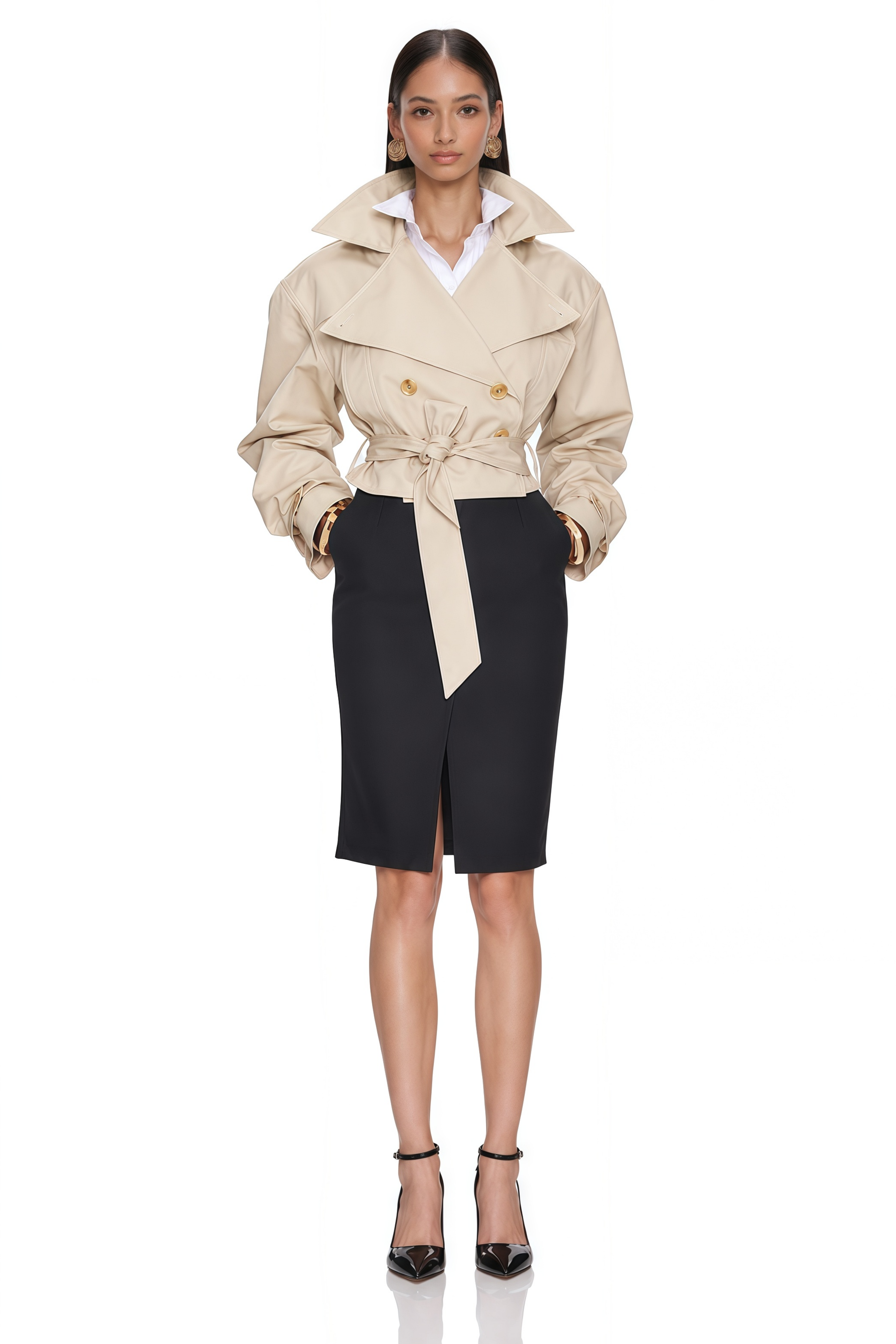 Avril Khaki Double-Breasted Short Trench Coat