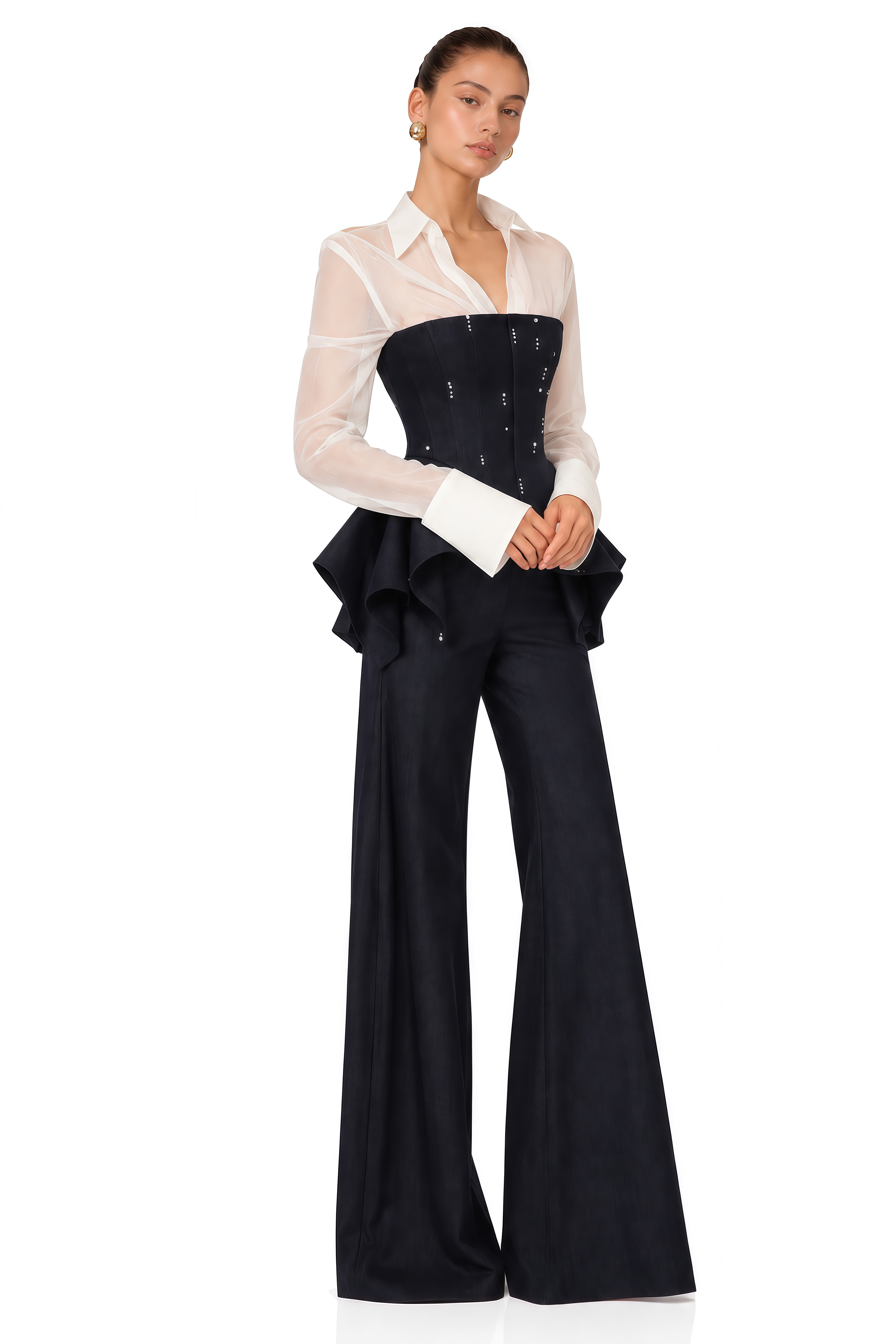 Aya Black Sheer Shirt & Peplum Vest & Wide Leg Trousers Set