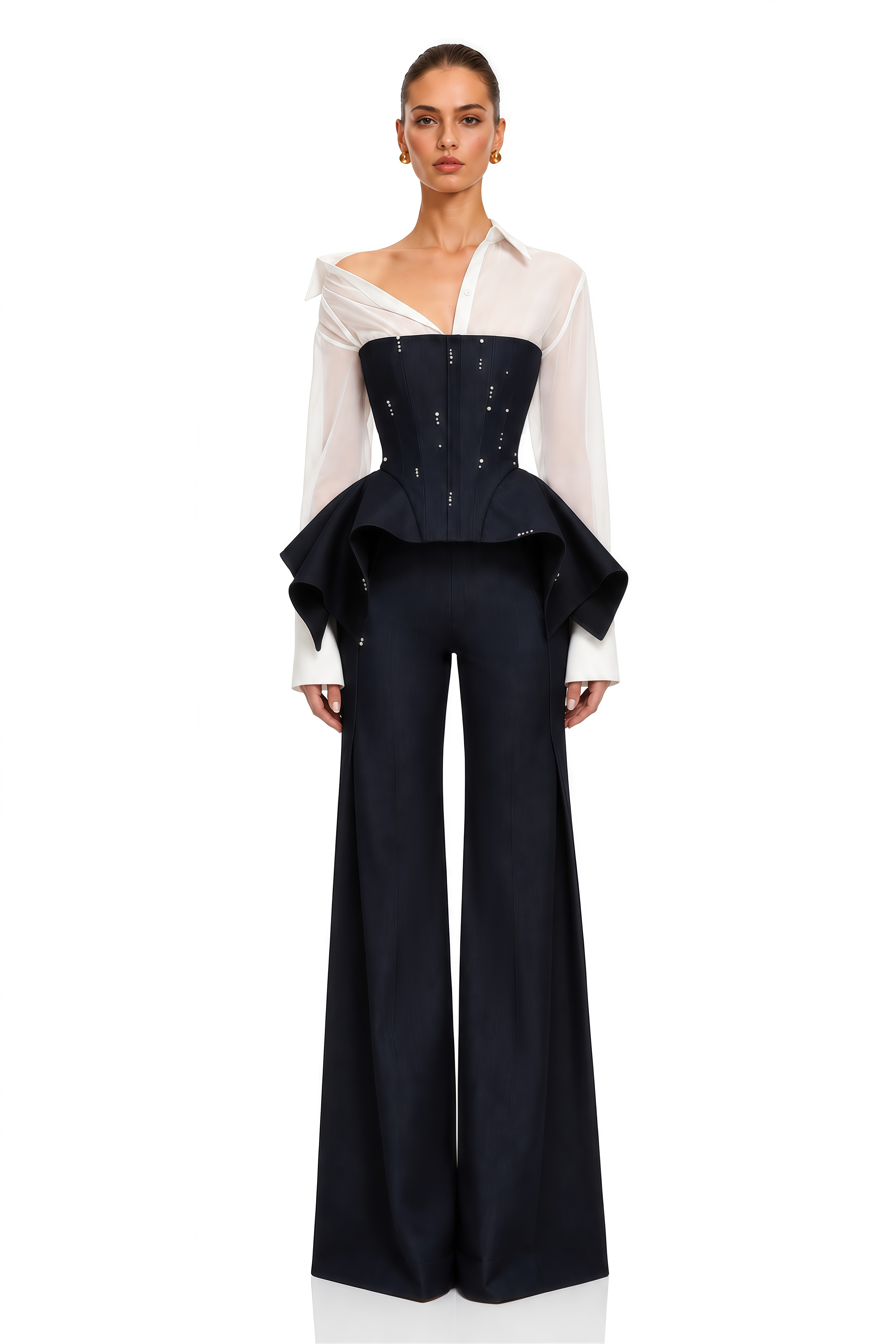 Aya Black Sheer Shirt & Peplum Vest & Wide Leg Trousers Set