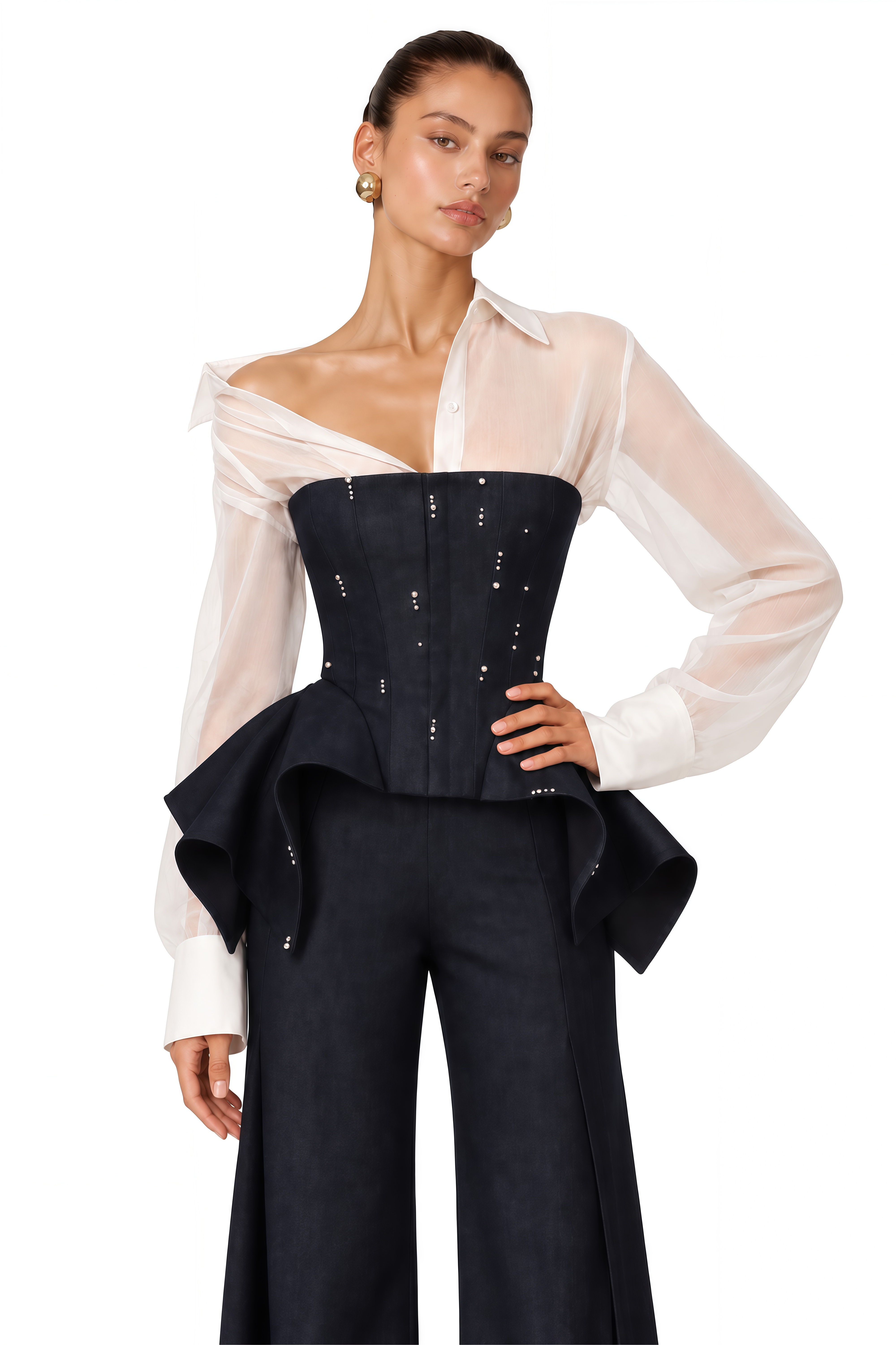 Aya Black Sheer Shirt & Peplum Vest & Wide Leg Trousers Set