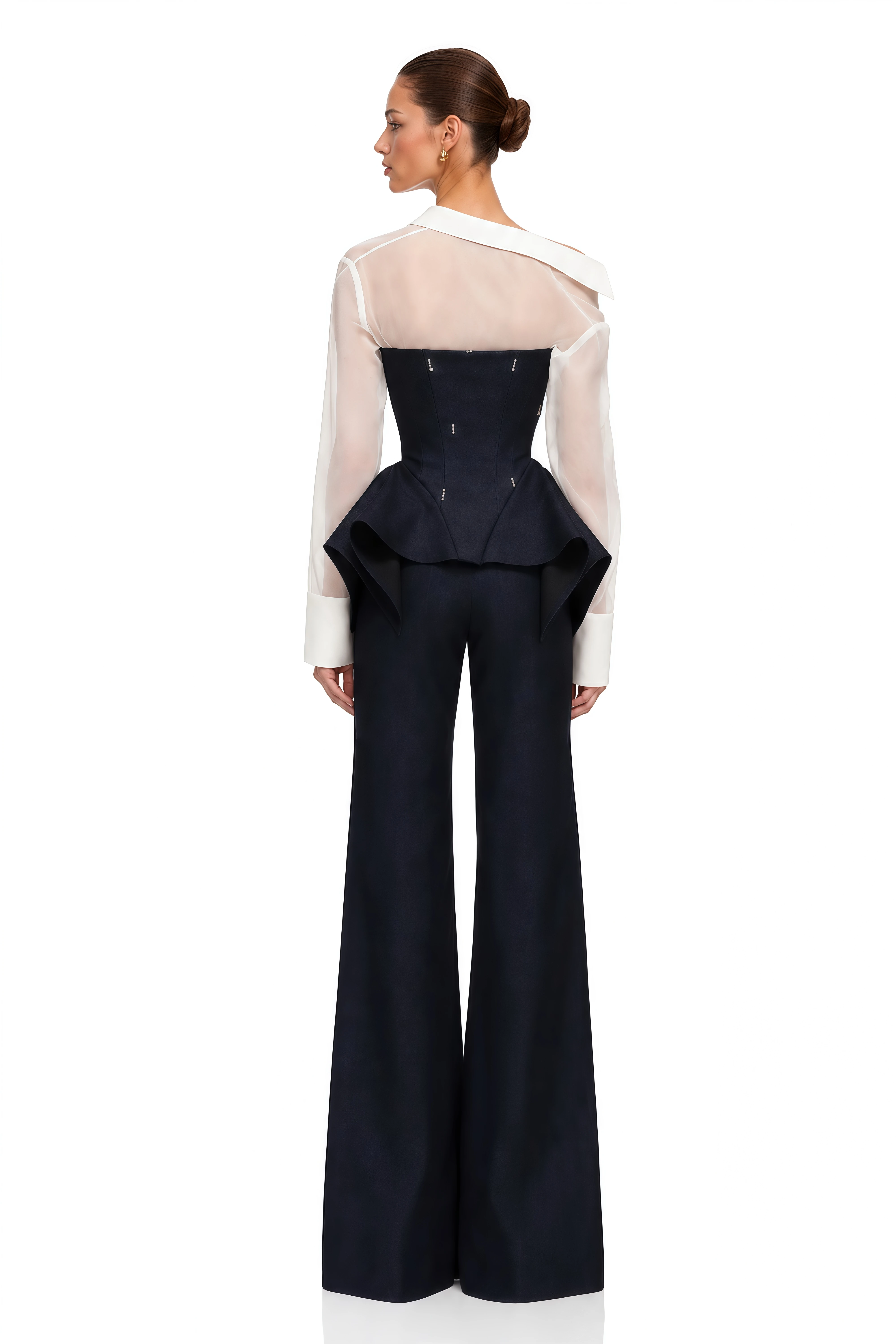 Aya Black Sheer Shirt & Peplum Vest & Wide Leg Trousers Set