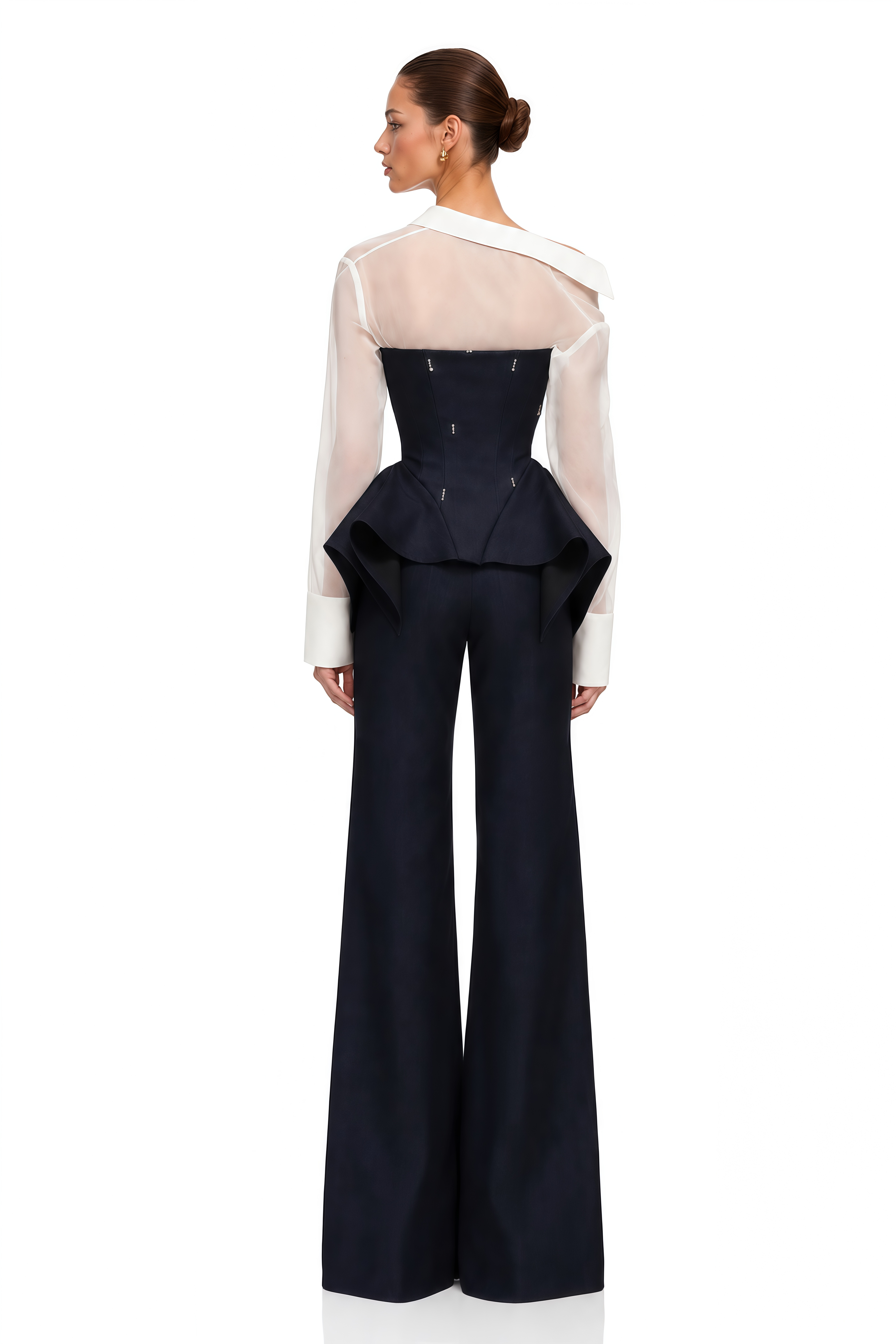 Aya Black Sheer Shirt & Peplum Vest & Wide Leg Trousers Set