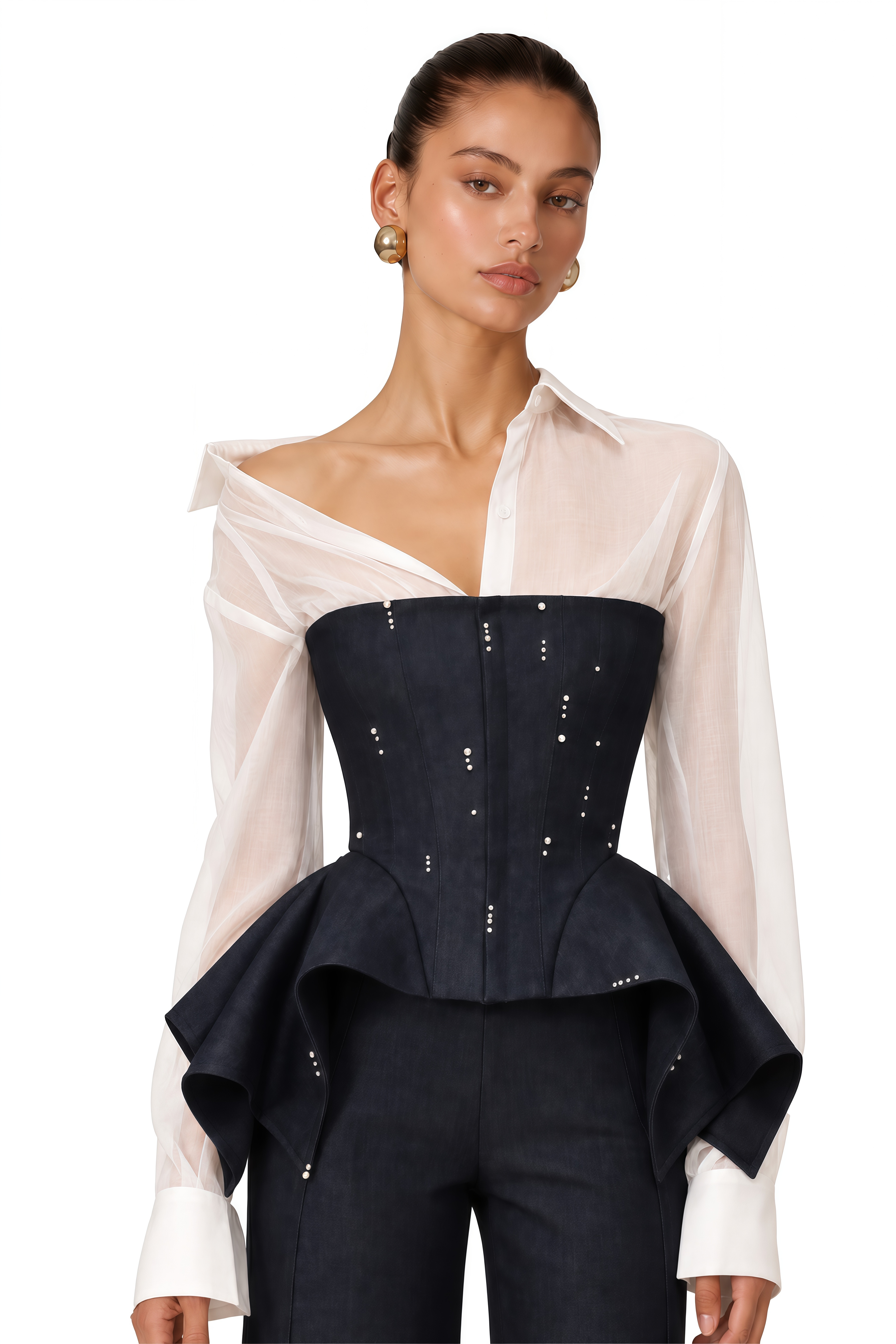 Aya Black Sheer Shirt & Peplum Vest & Wide Leg Trousers Set