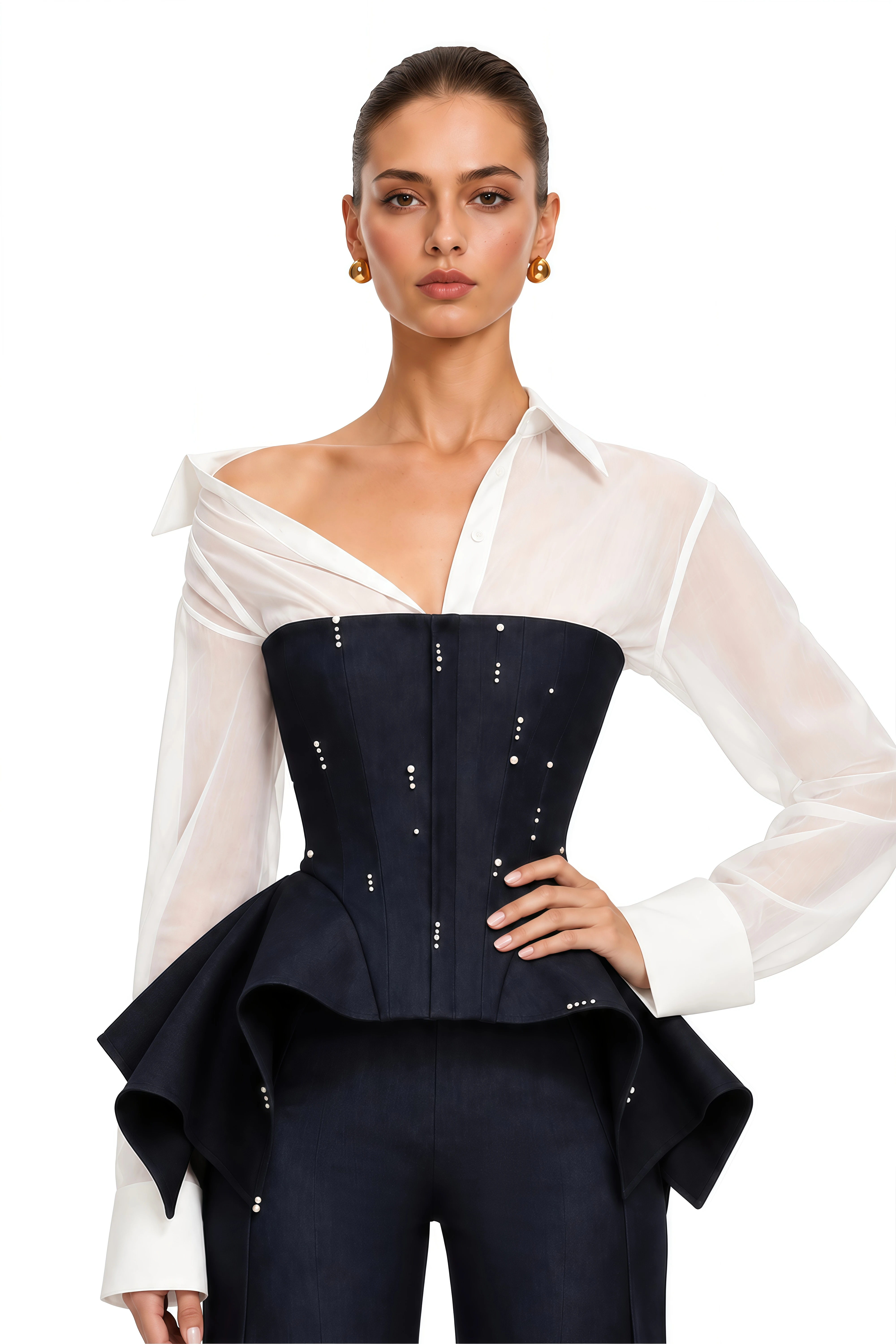 Aya Black Sheer Shirt & Peplum Vest & Wide Leg Trousers Set