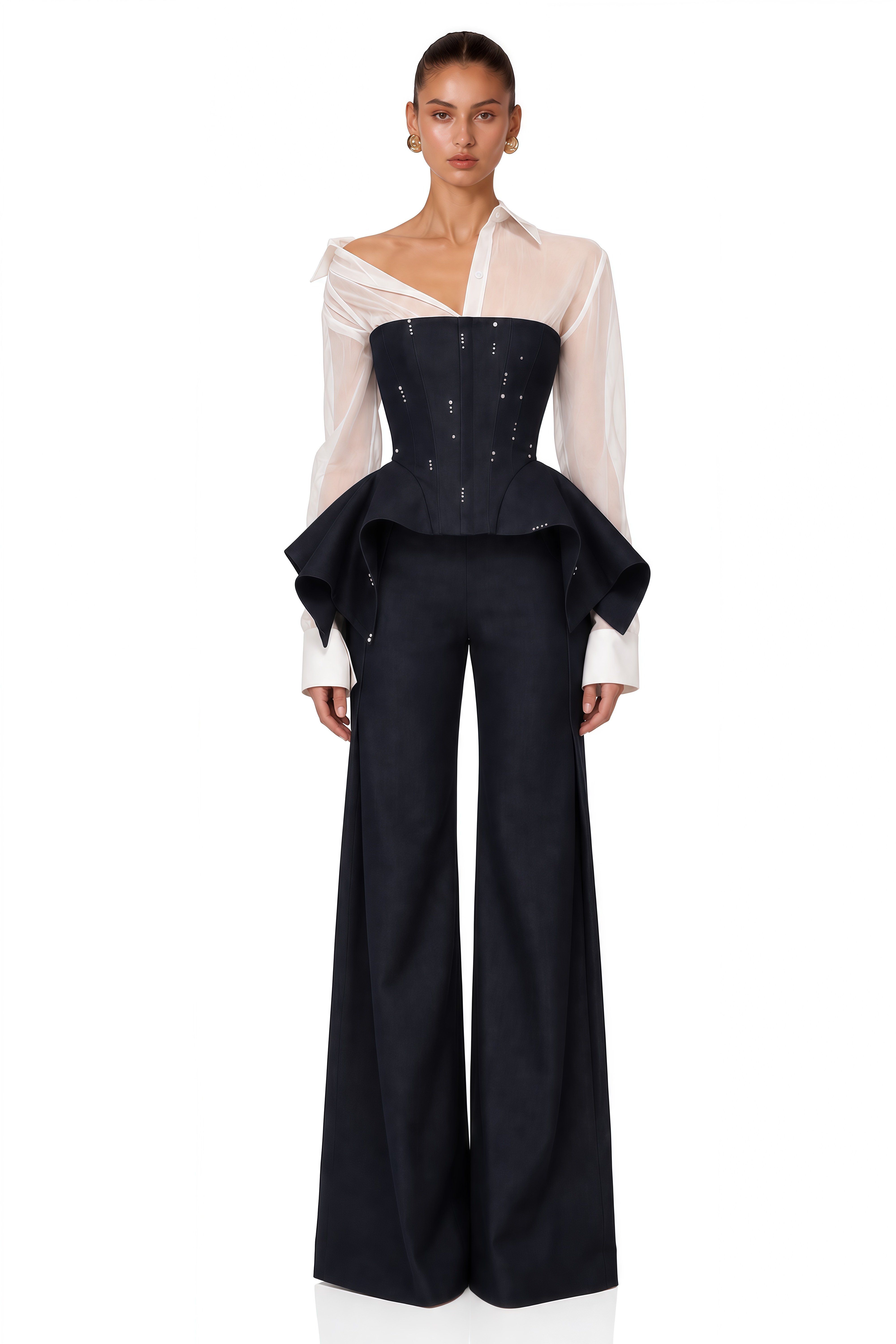 Aya Black Sheer Shirt & Peplum Vest & Wide Leg Trousers Set