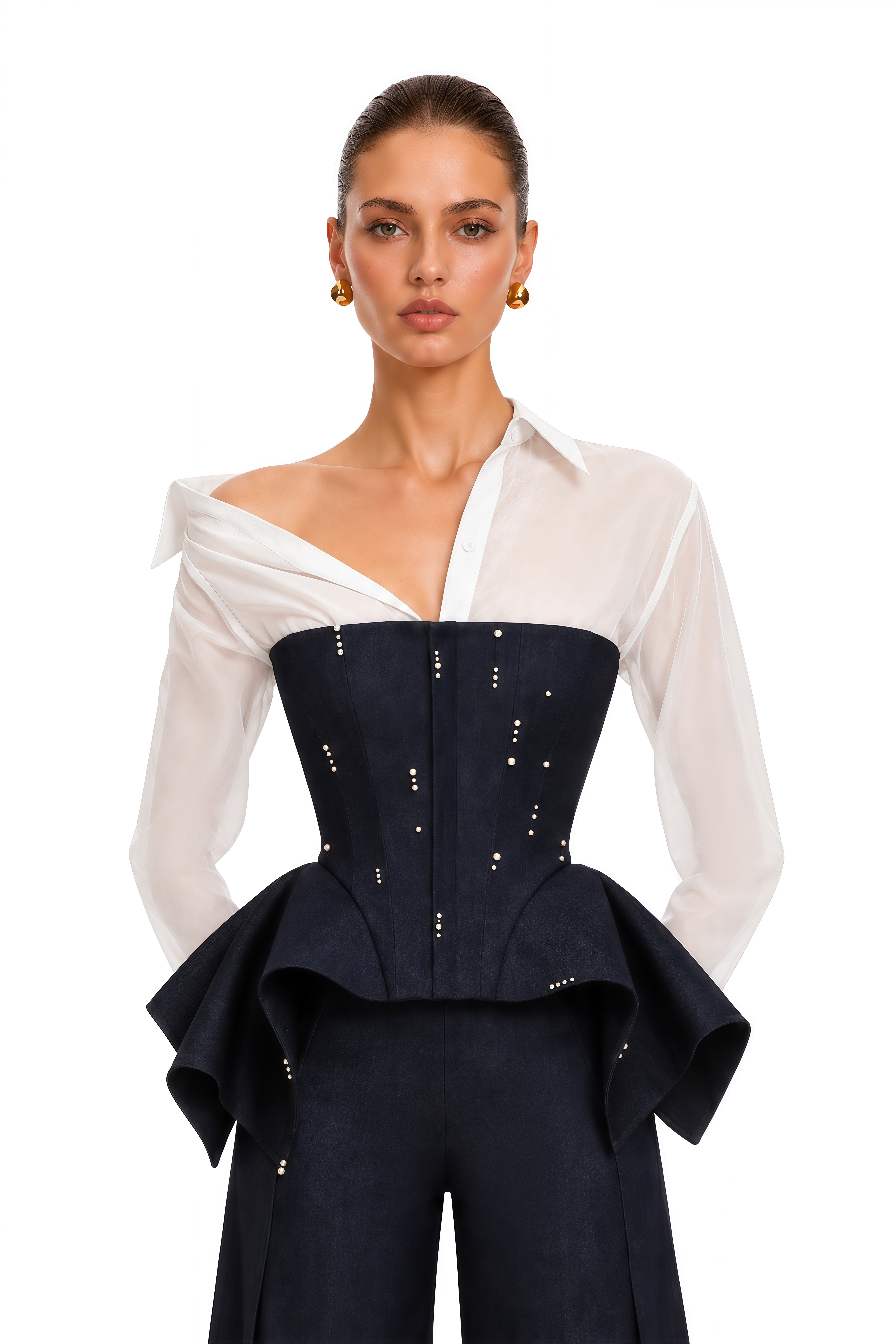 Aya Black Sheer Shirt & Peplum Vest & Wide Leg Trousers Set