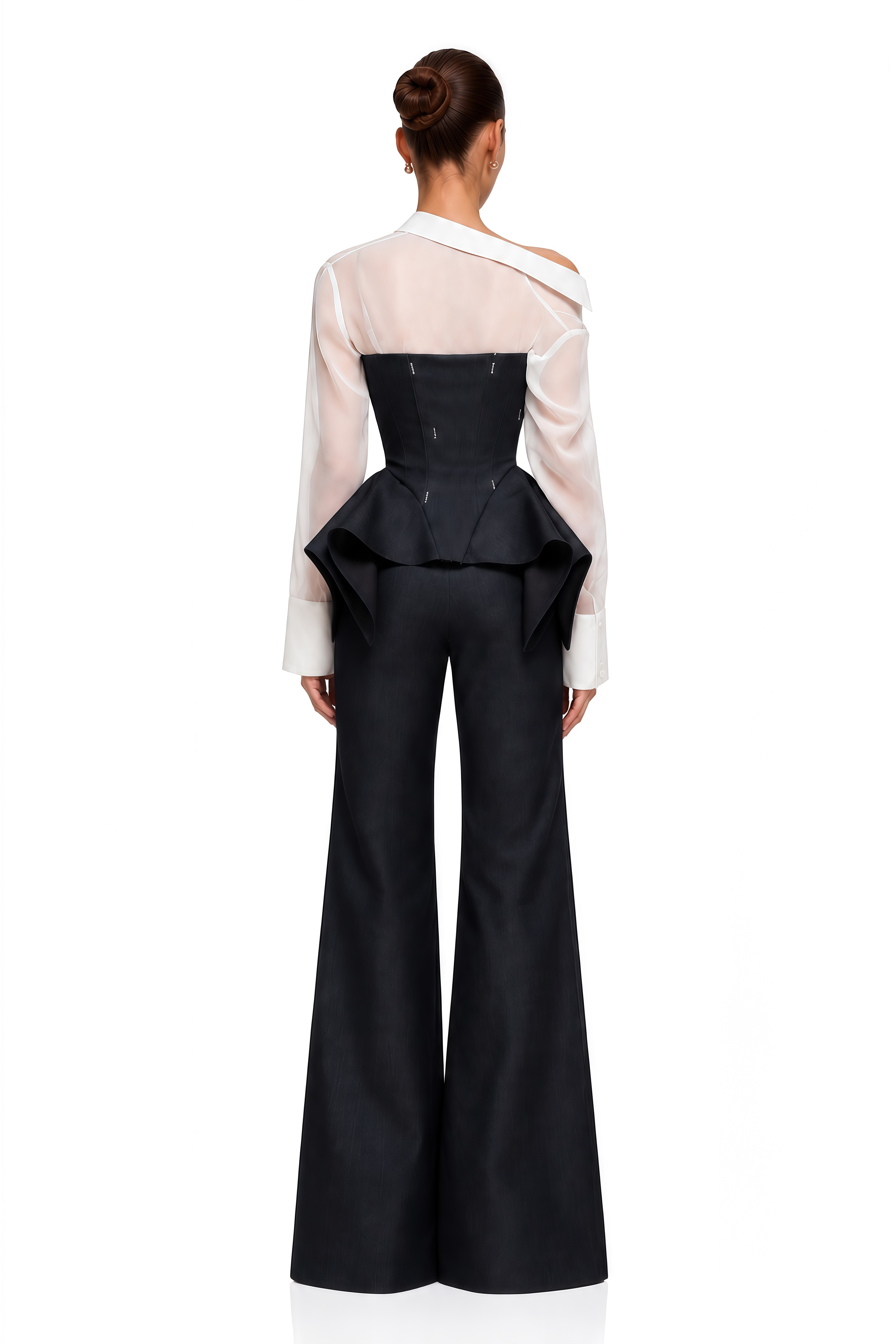 Aya Black Sheer Shirt & Peplum Vest & Wide Leg Trousers Set