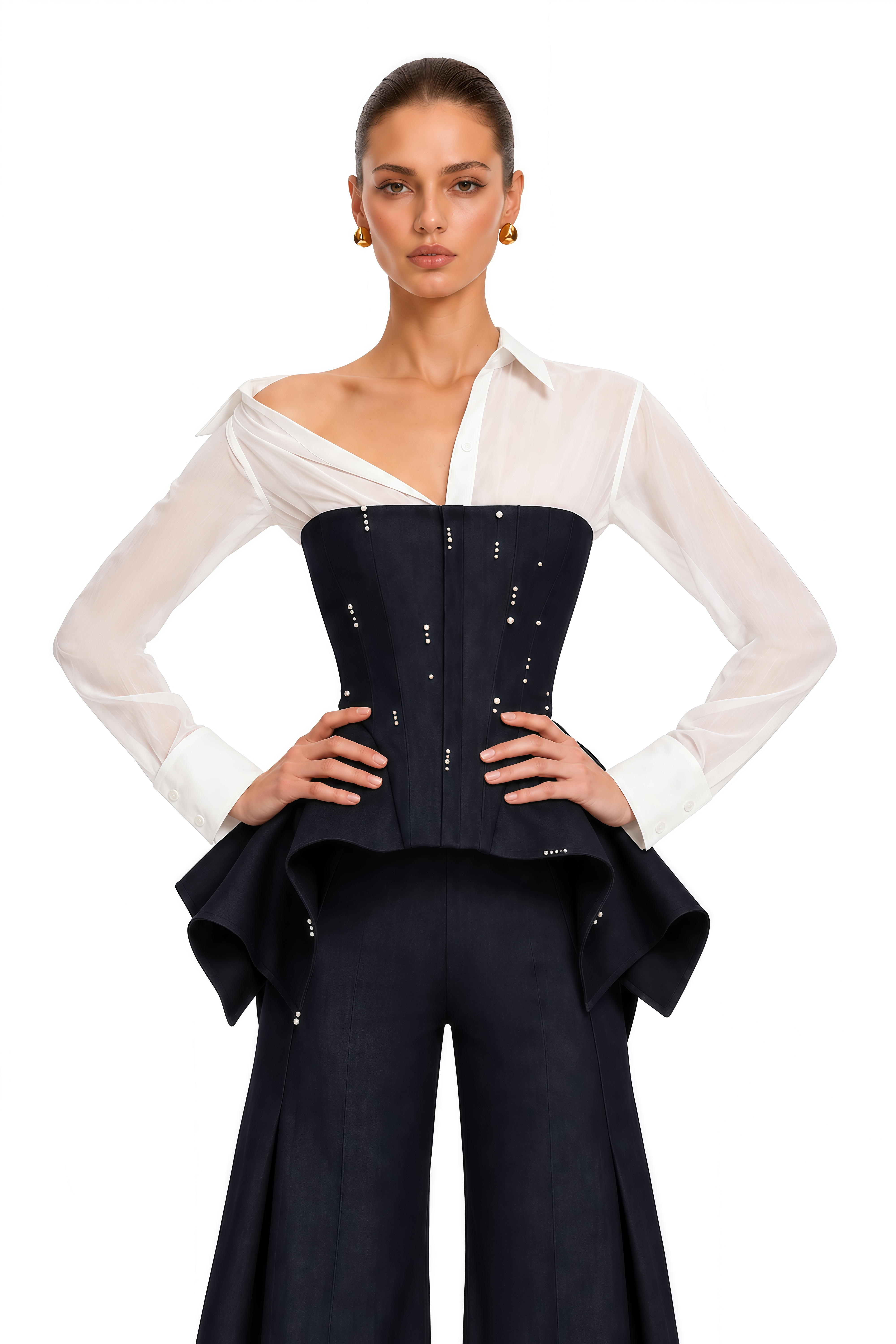 Aya Black Sheer Shirt & Peplum Vest & Wide Leg Trousers Set