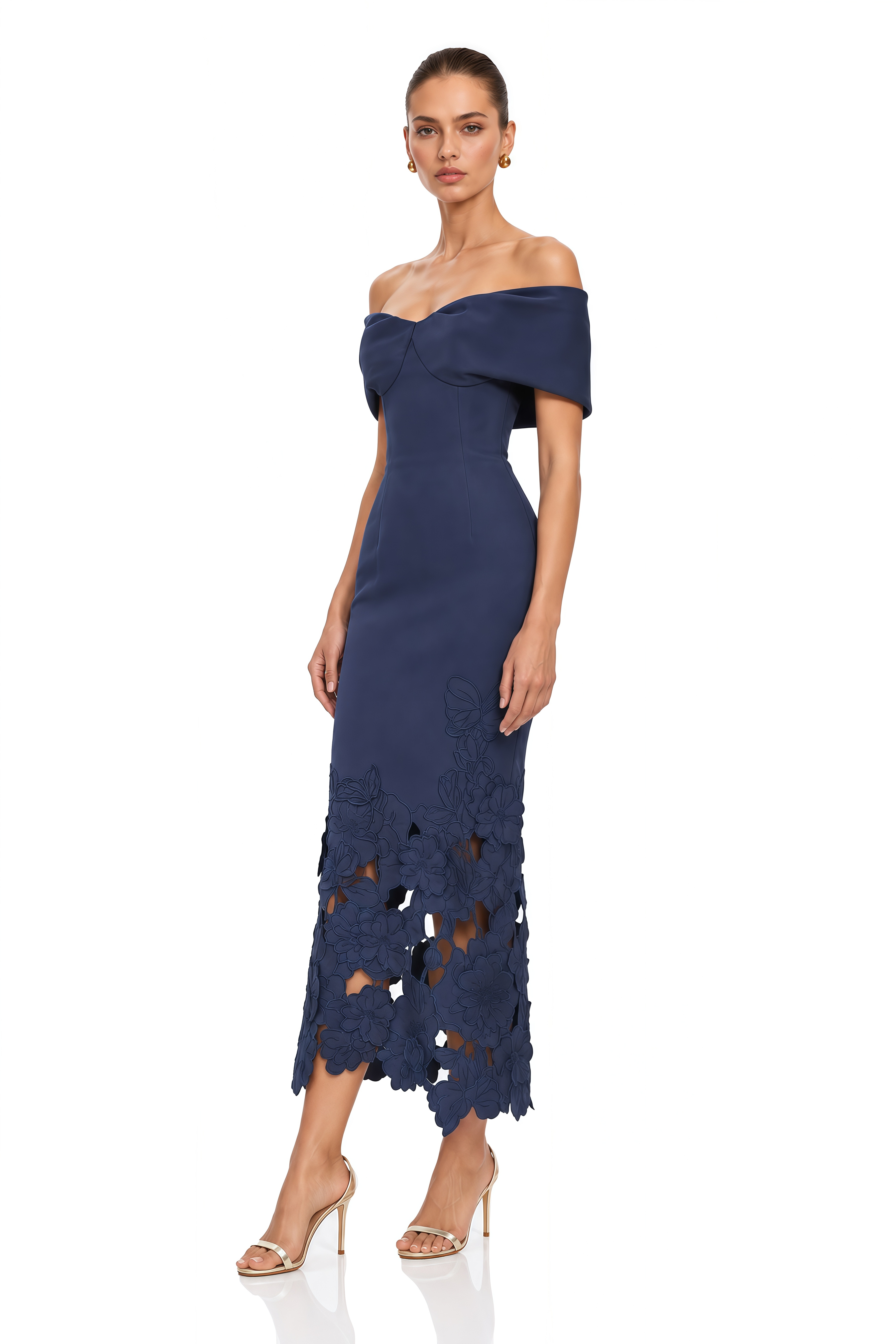 Ayat Navy Blue Off Shoulder Floral Cut-Out Midi Dress