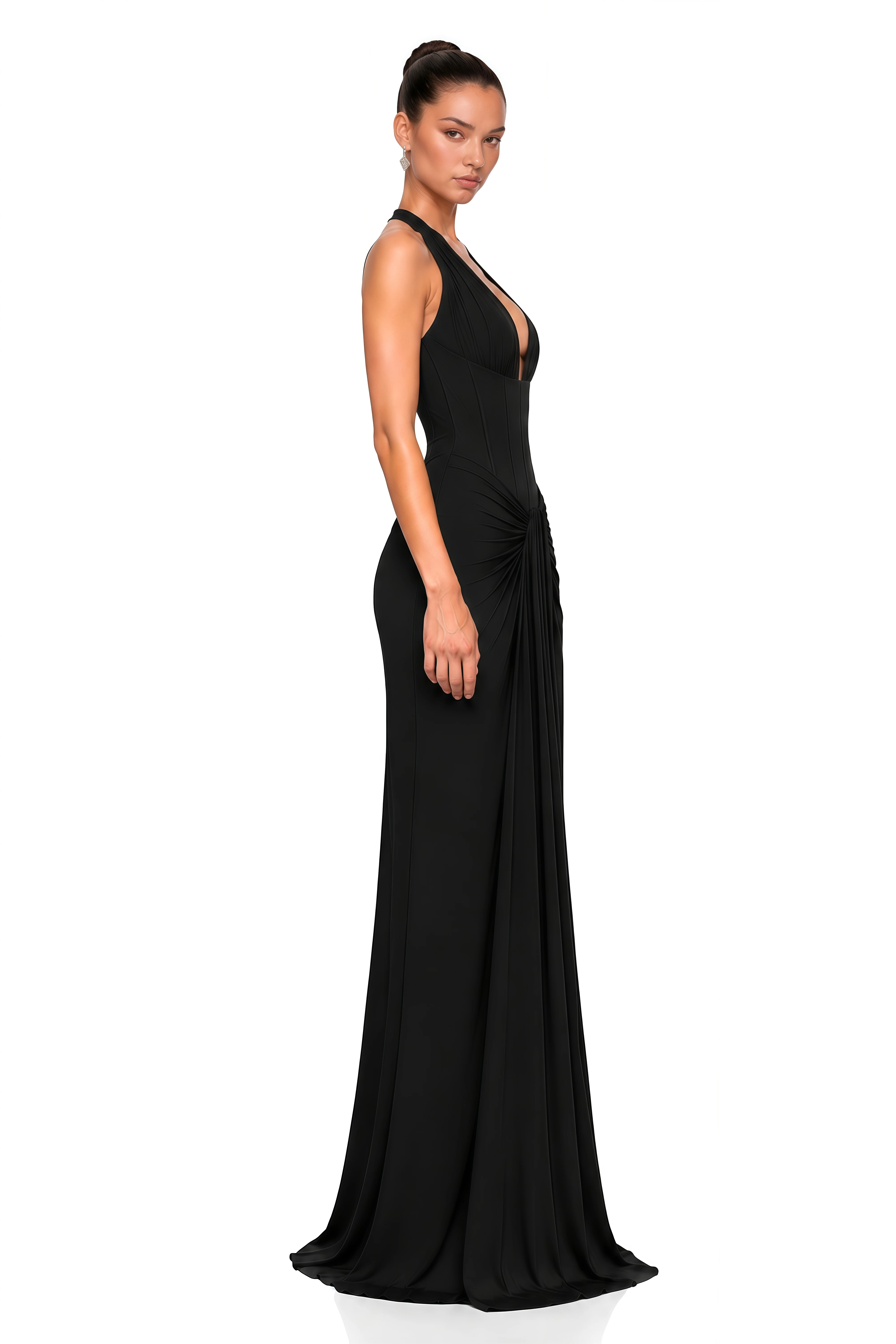 Ayesha Black Halterneck Ruched Maxi Dress