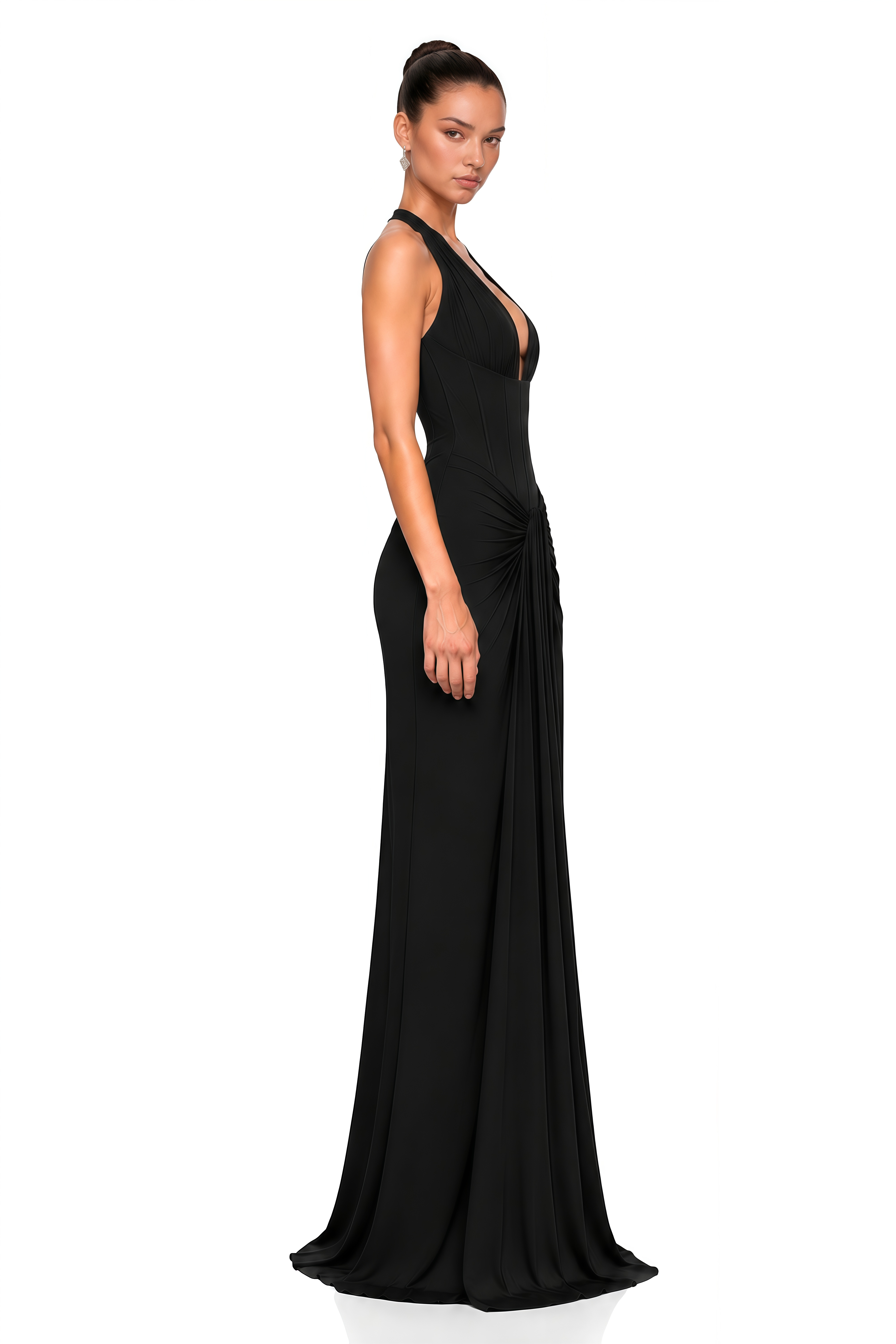 Ayesha Black Halterneck Ruched Maxi Dress