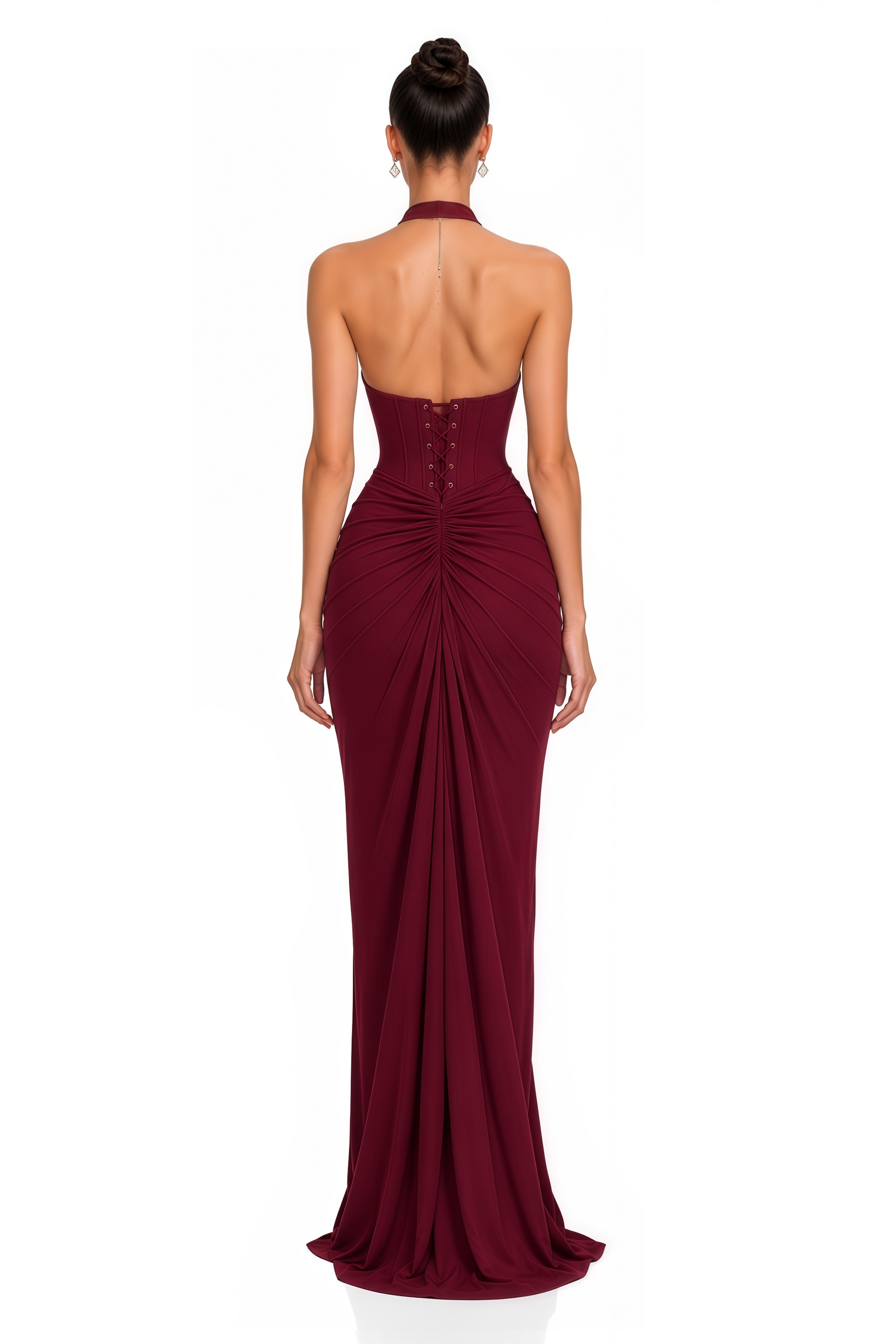 Ayesha Burgundy Halterneck Ruched Maxi Dress