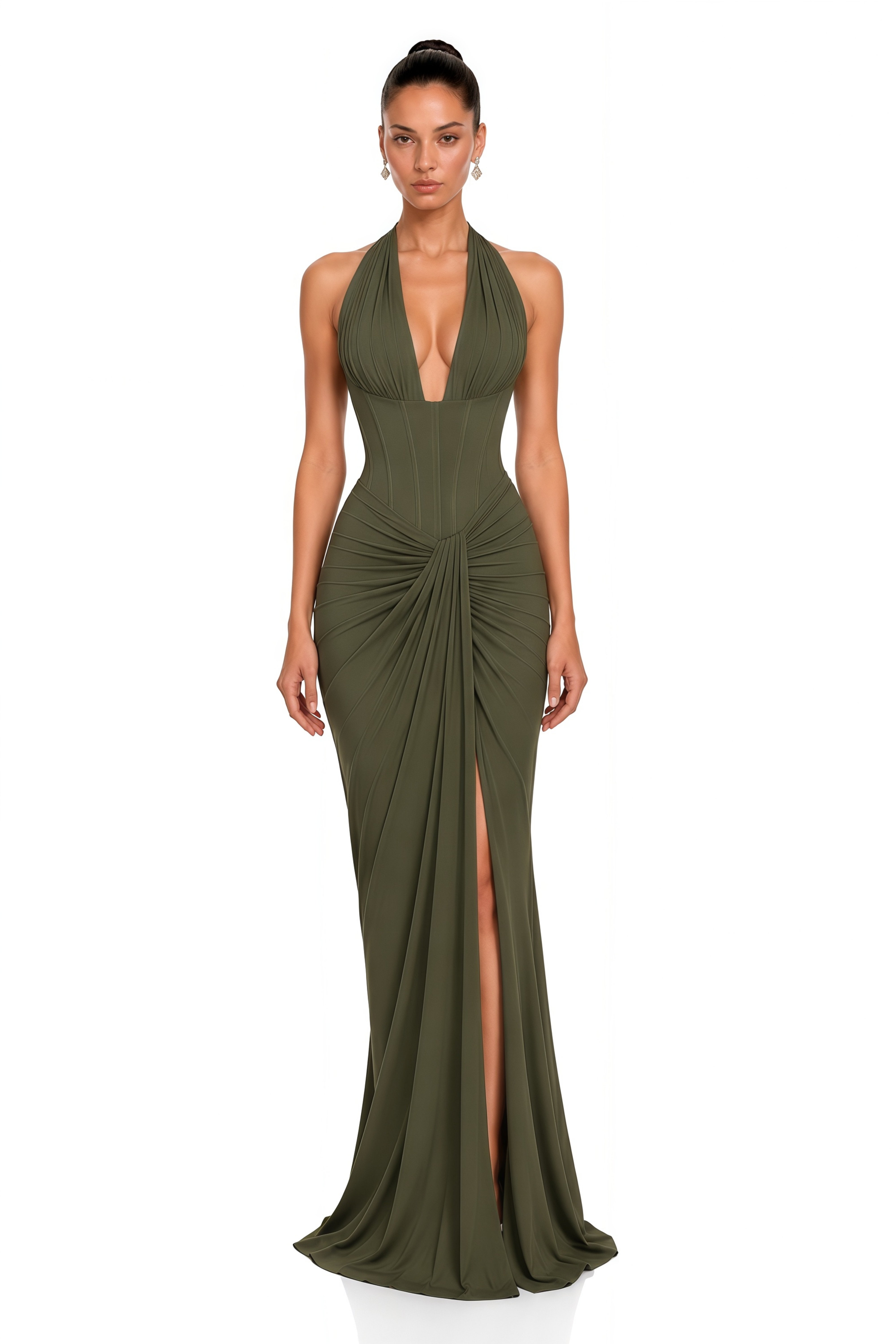 Ayesha Olive Green Halterneck Ruched Maxi Dress