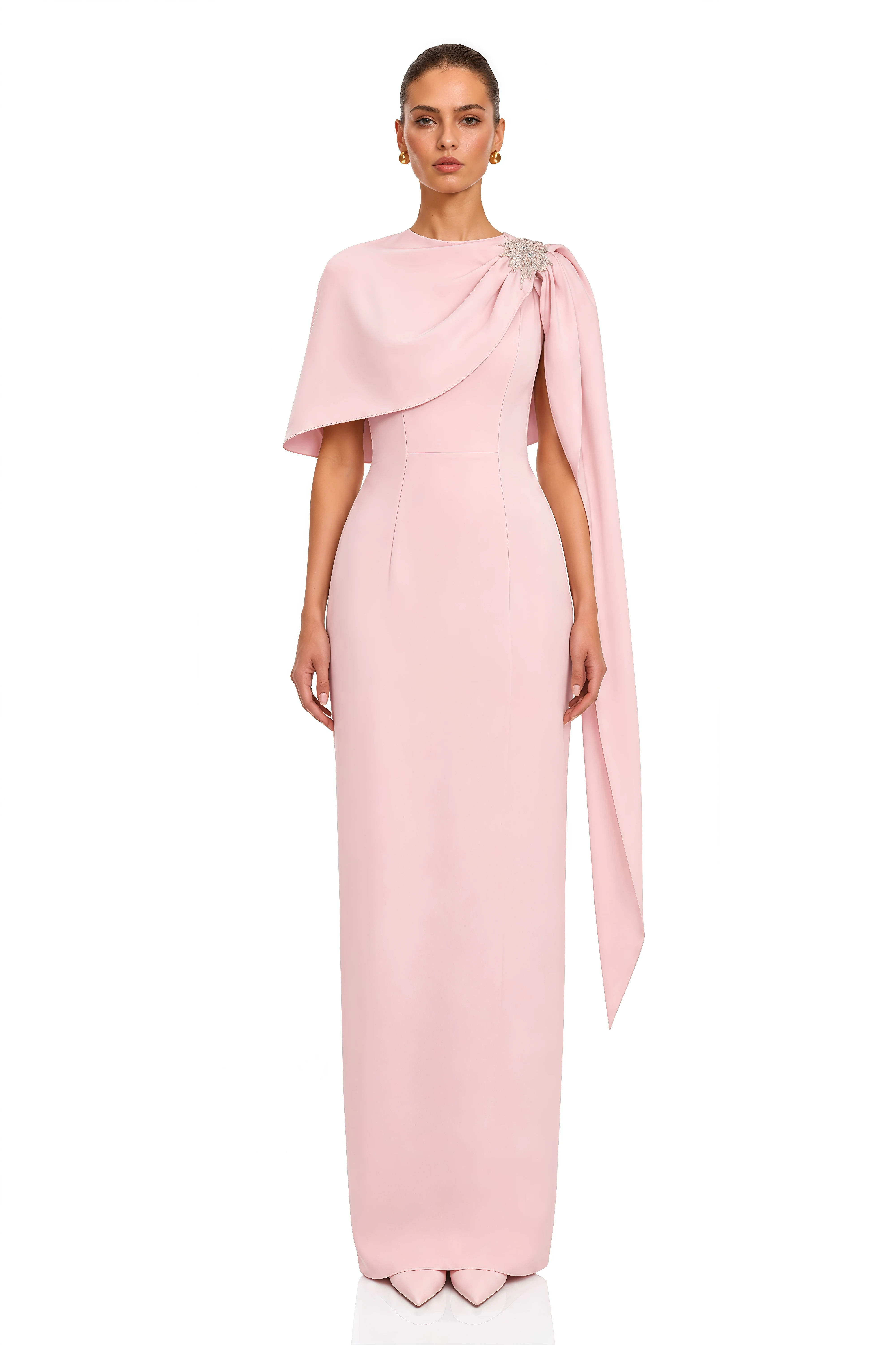 Ayesha Pink Embellished Draped Cape Maxi Dress