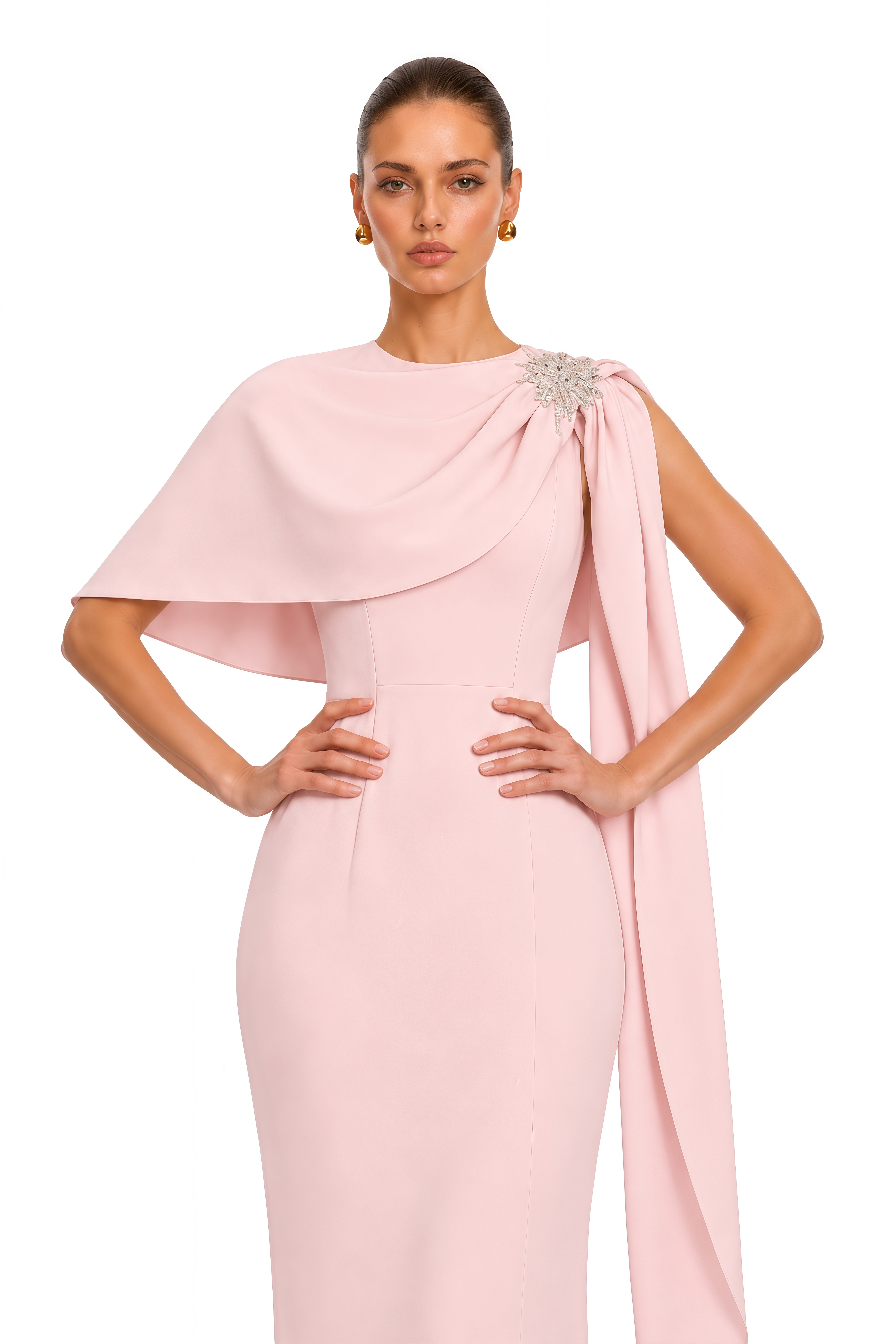 Ayesha Pink Embellished Draped Cape Maxi Dress