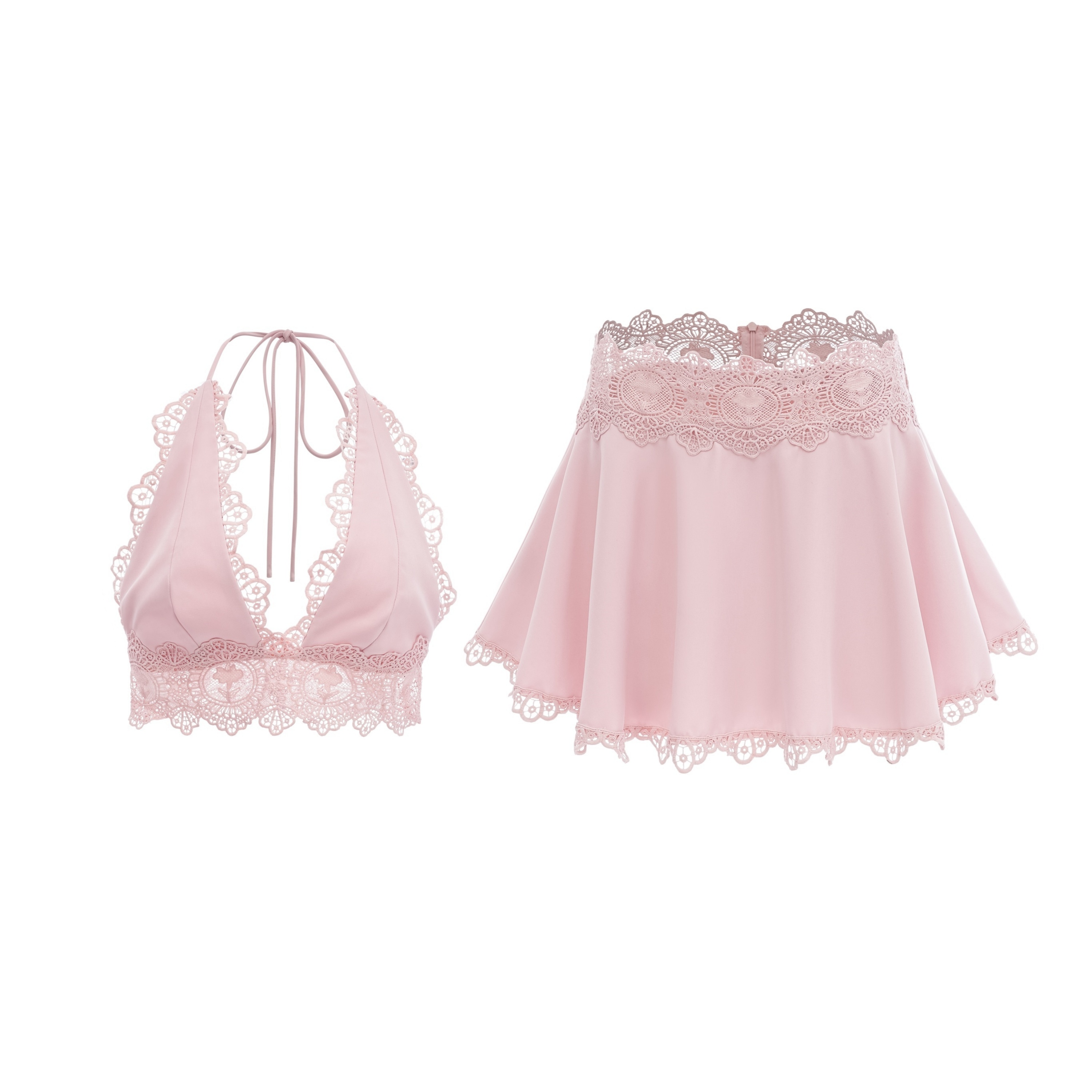 Ayla Pink Halterneck Top & Skirt Set with Lace Trim