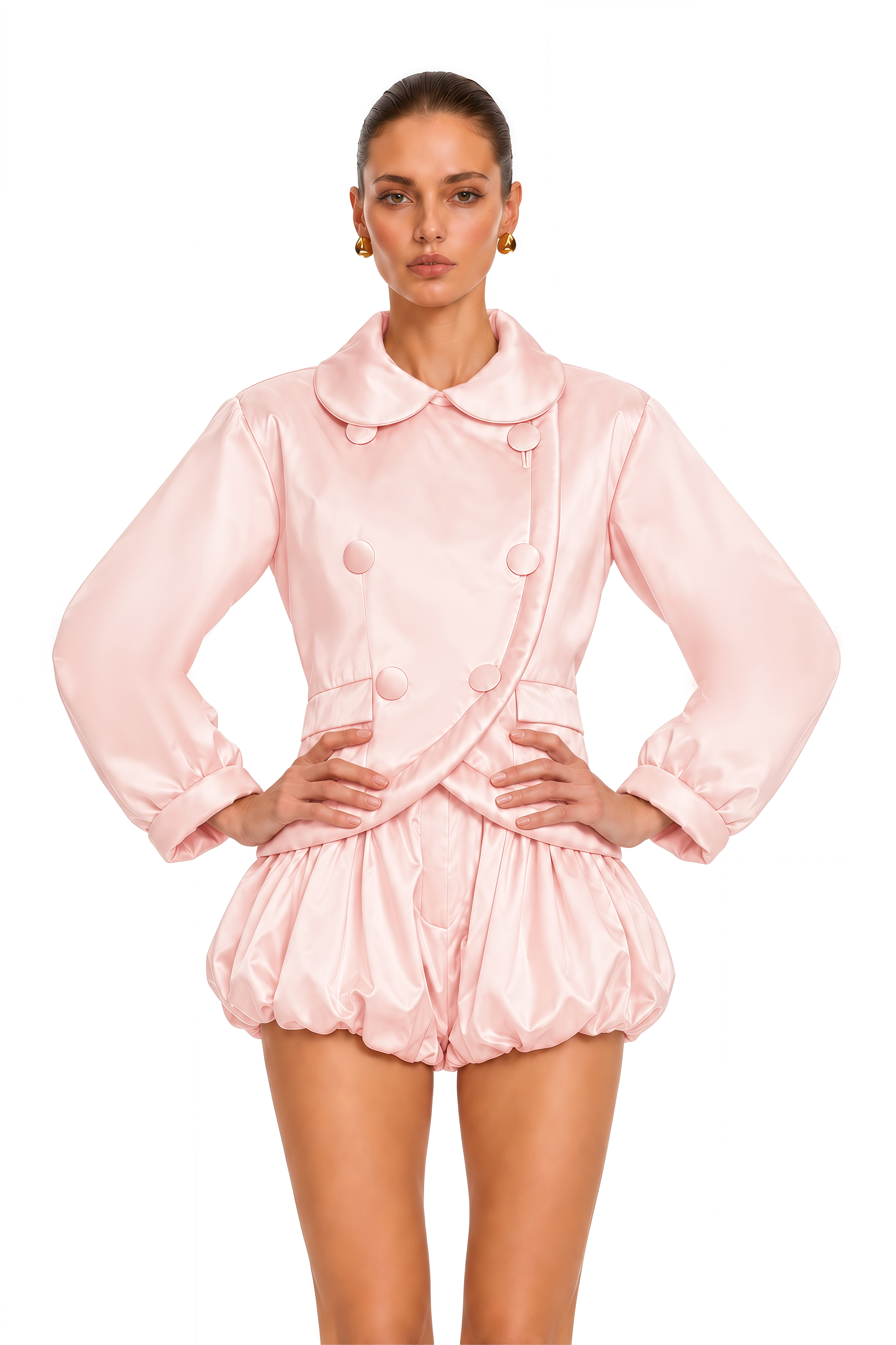 Ayla Pink Satin Double-Breasted Cropped Jacket