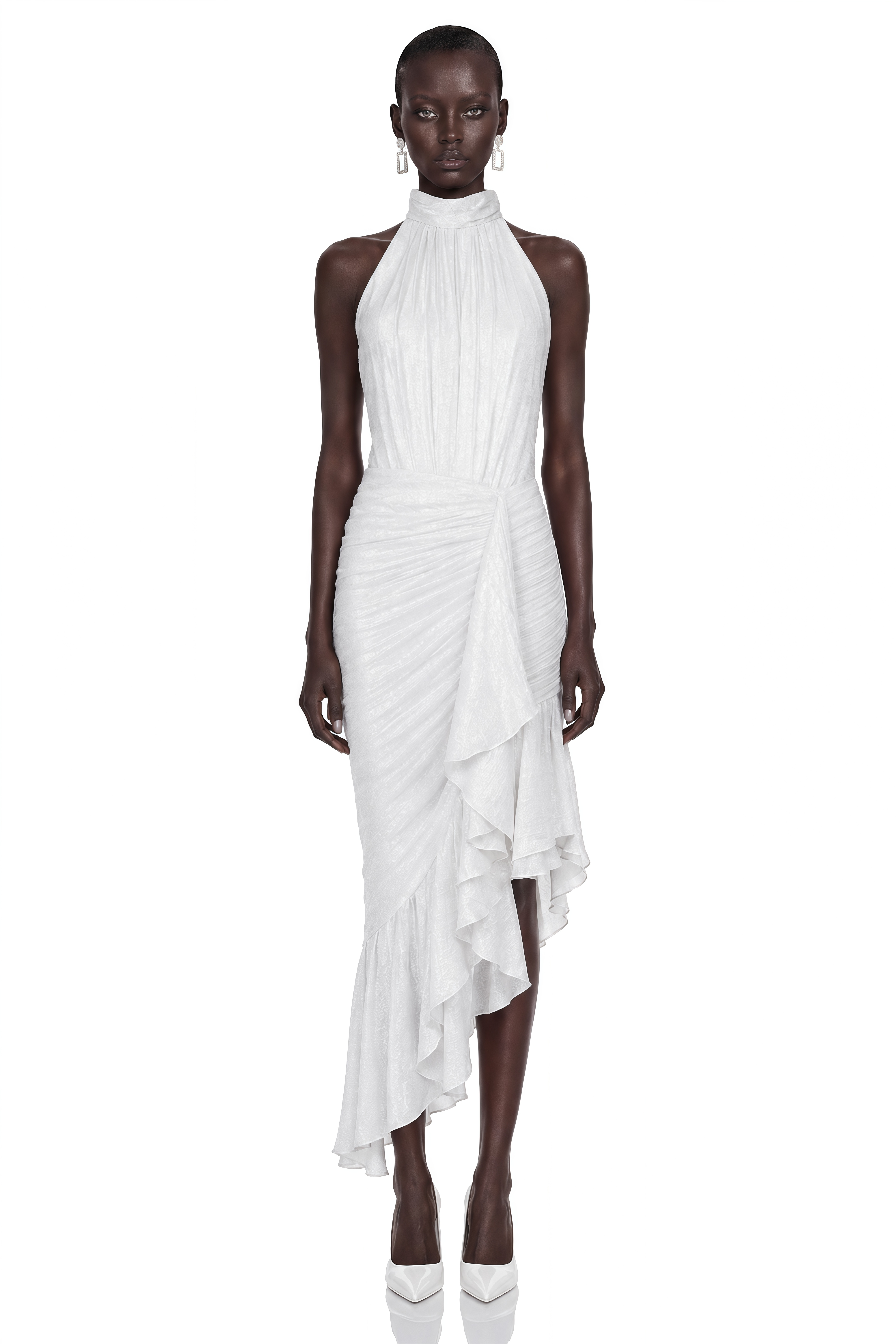 Ayleen White Halterneck Ruched Ruffle Midi Dress