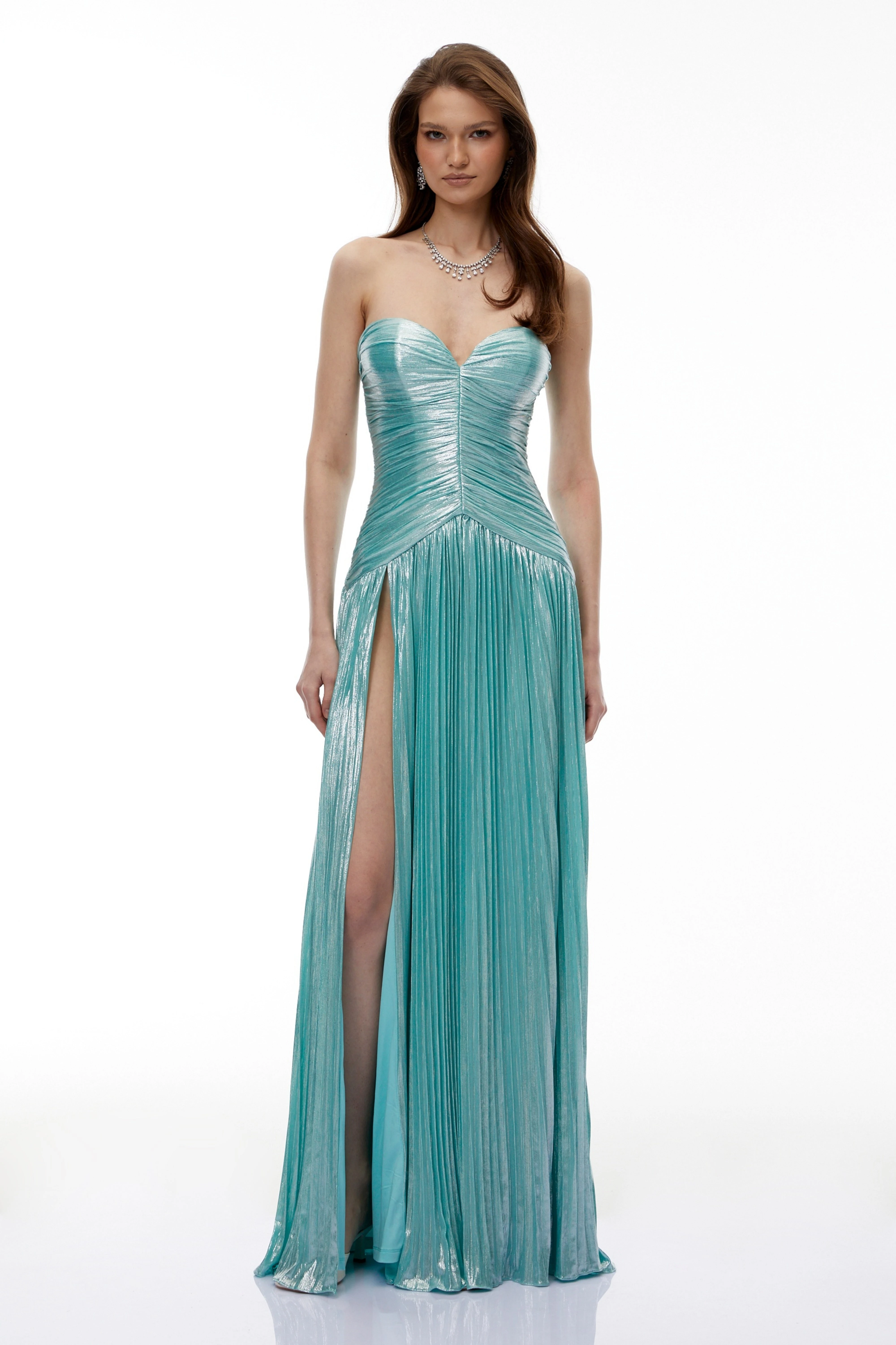 High Slit Strapless Pleated Gown