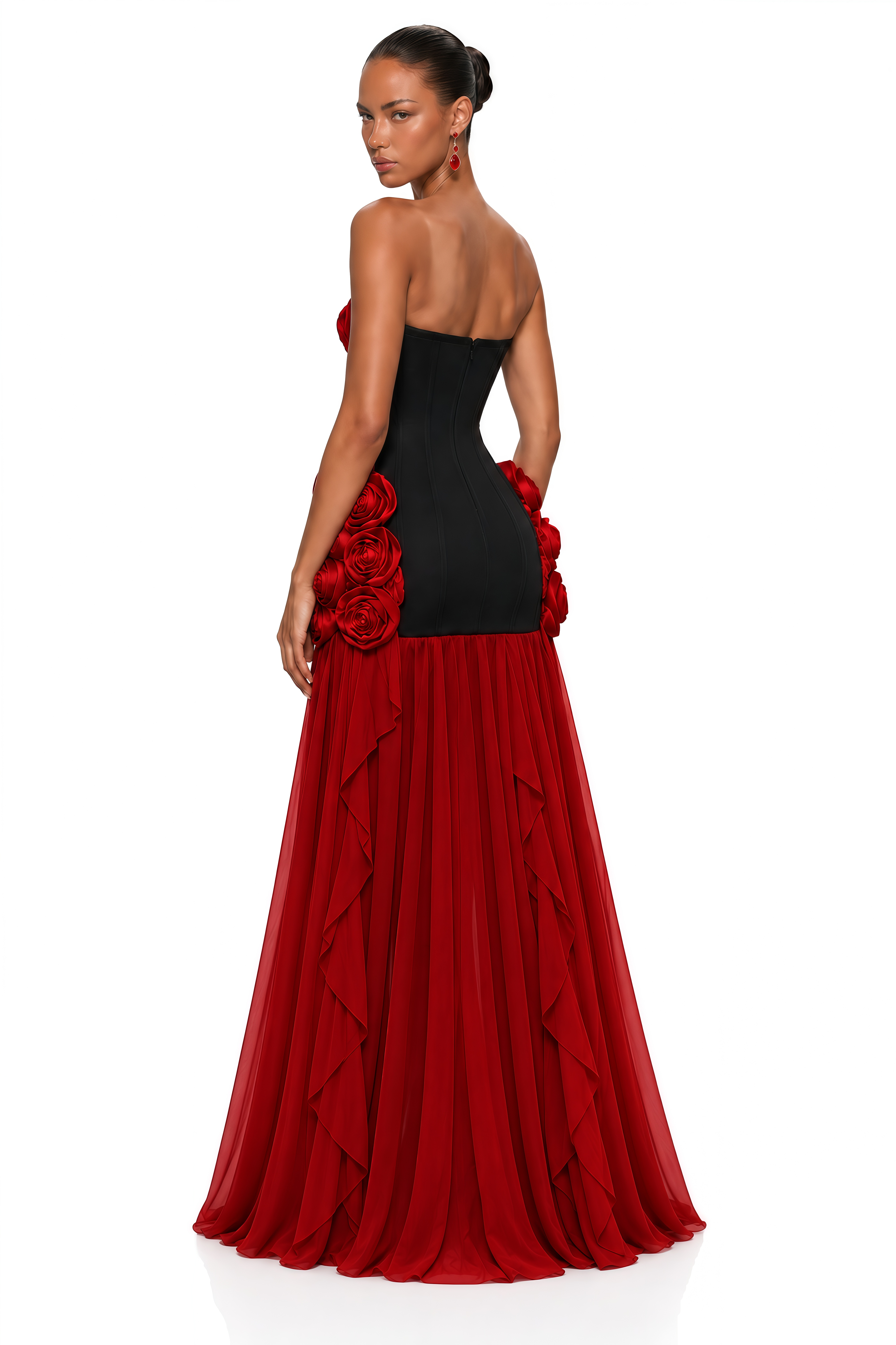 Azaria Red 3D Rose Corset High-Low Maxi Dress