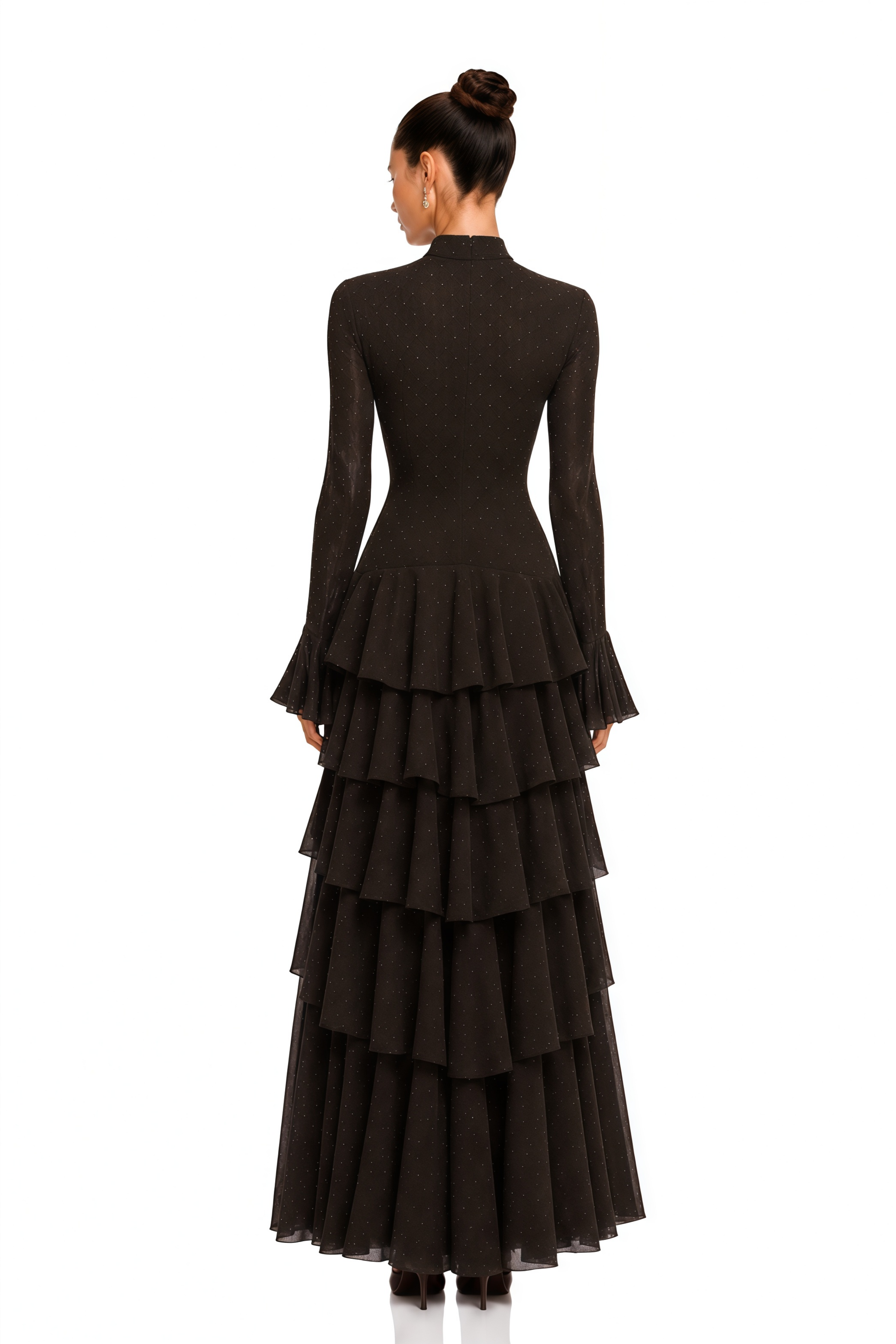 Azariah Brown High Neck Tiered Long Sleeve Maxi Dress