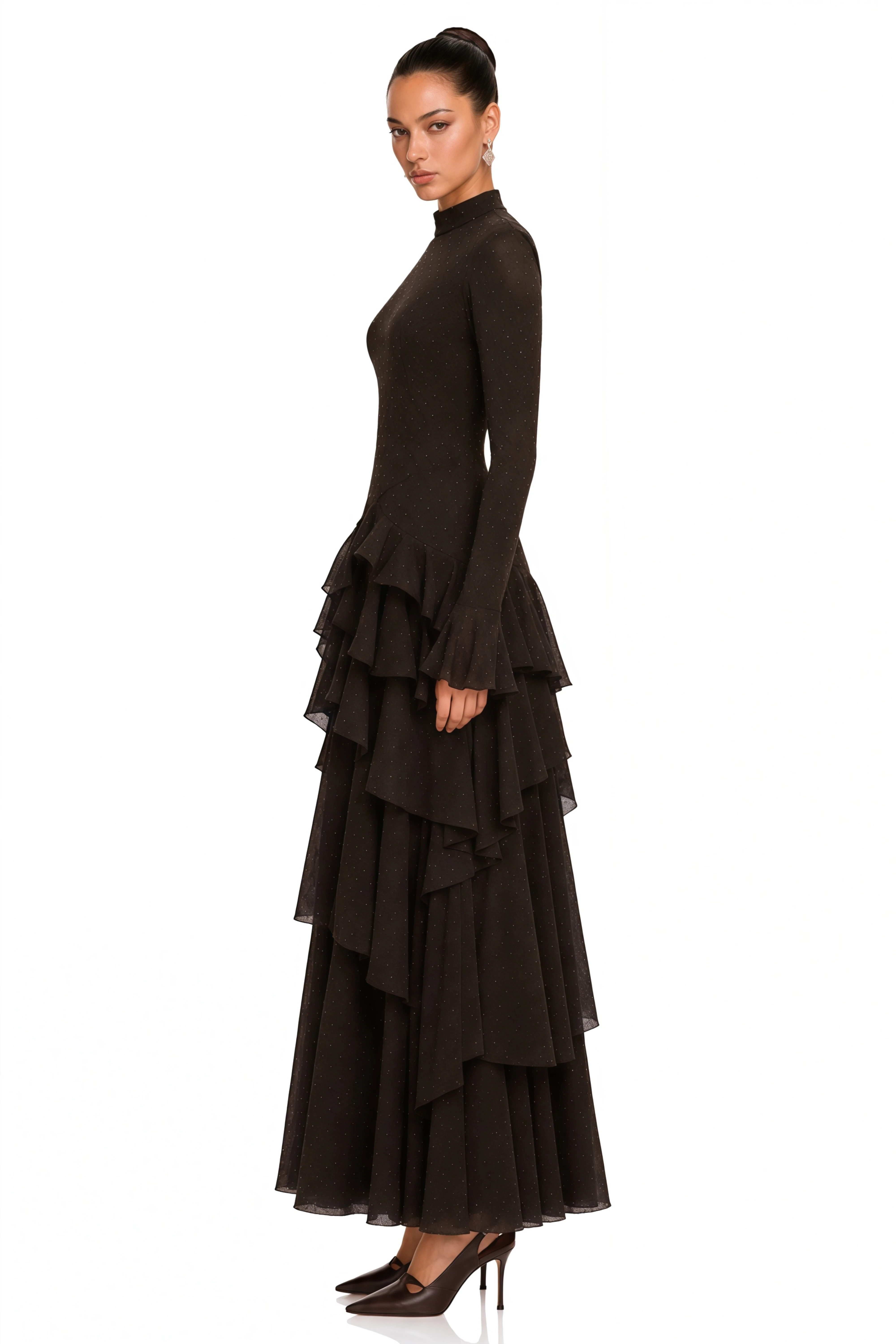 Azariah Brown High Neck Tiered Long Sleeve Maxi Dress