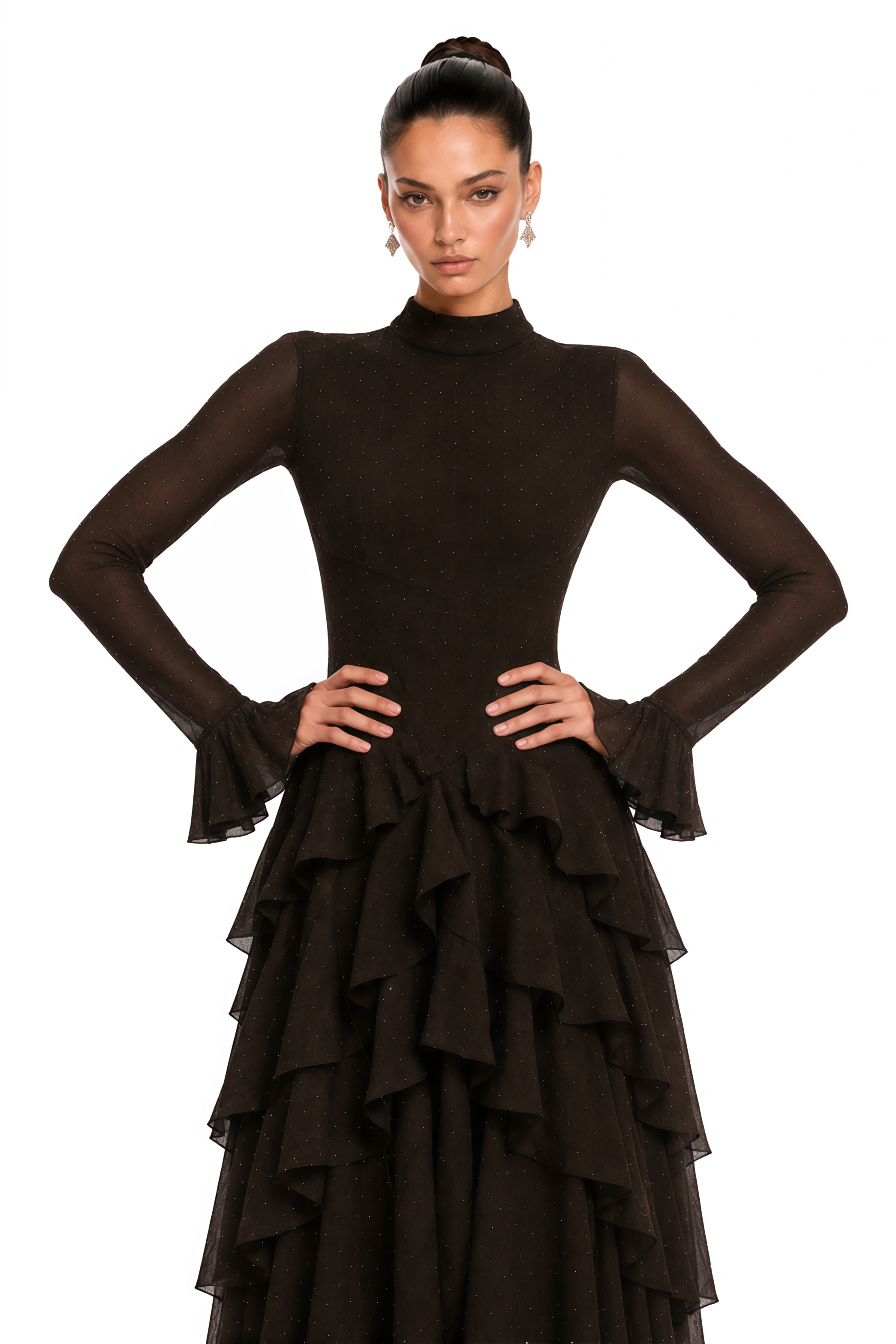 Azariah Brown High Neck Tiered Long Sleeve Maxi Dress