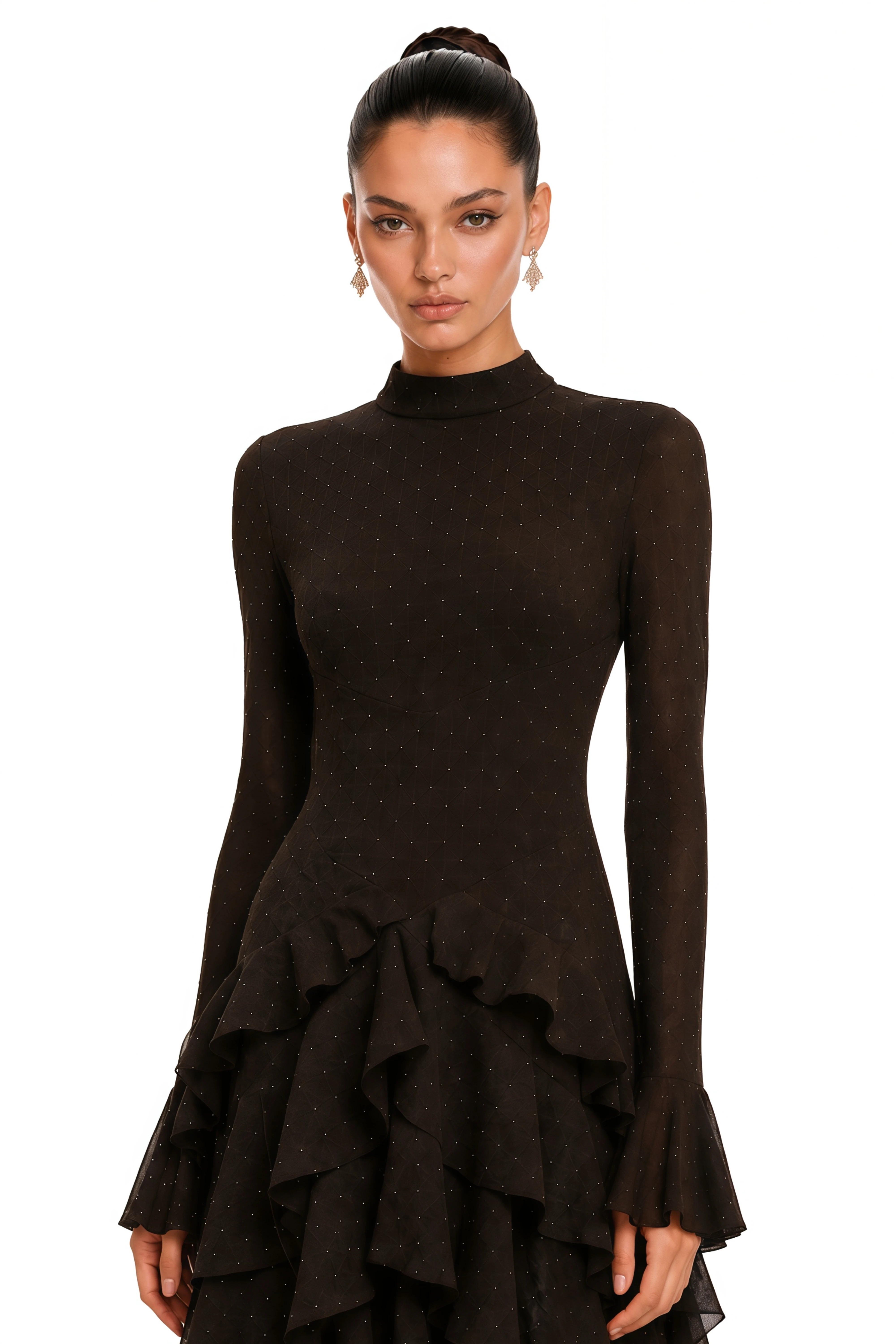 Azariah Brown High Neck Tiered Long Sleeve Maxi Dress