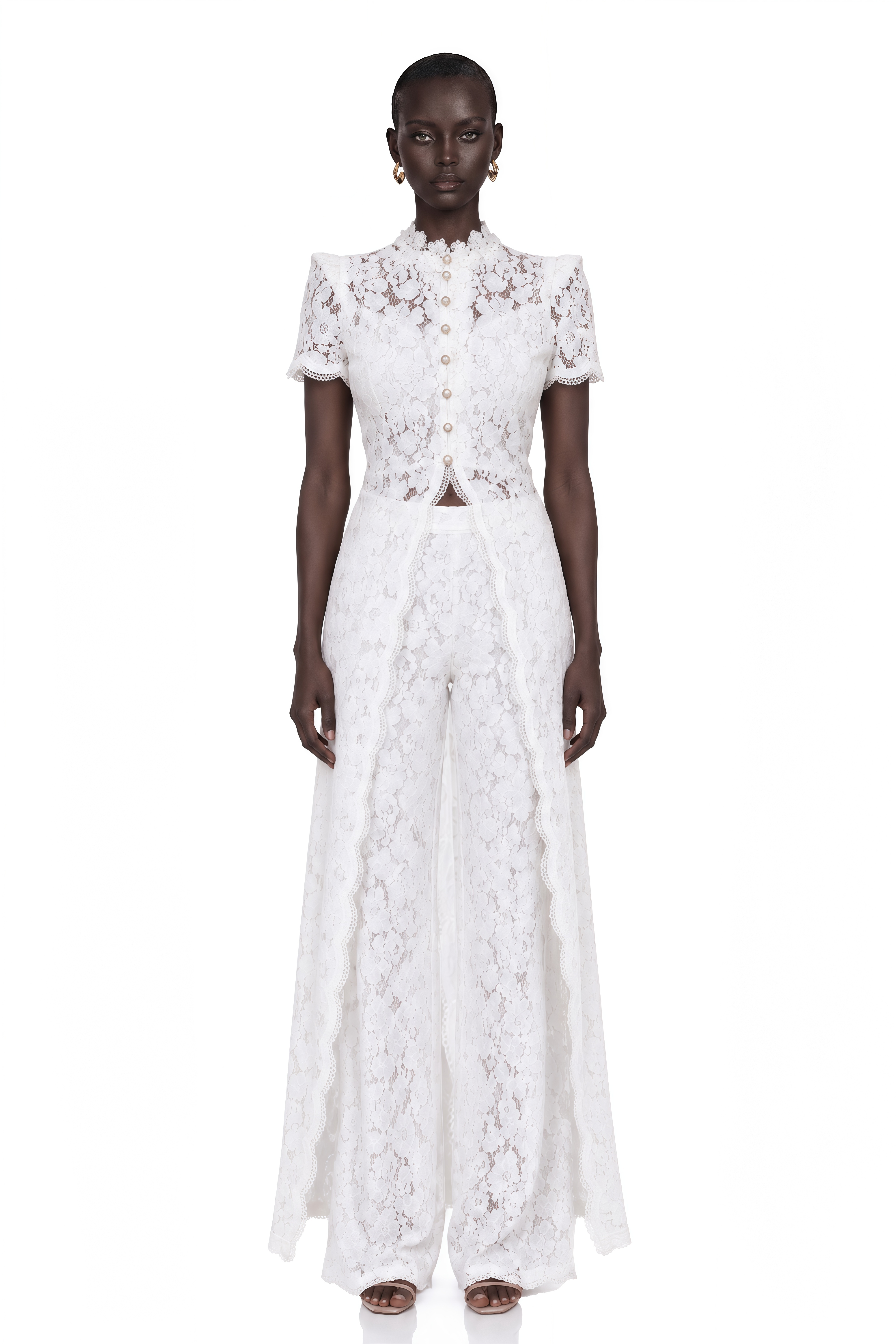 Azaylia White Lace Button Top & Wide Leg Trousers Set