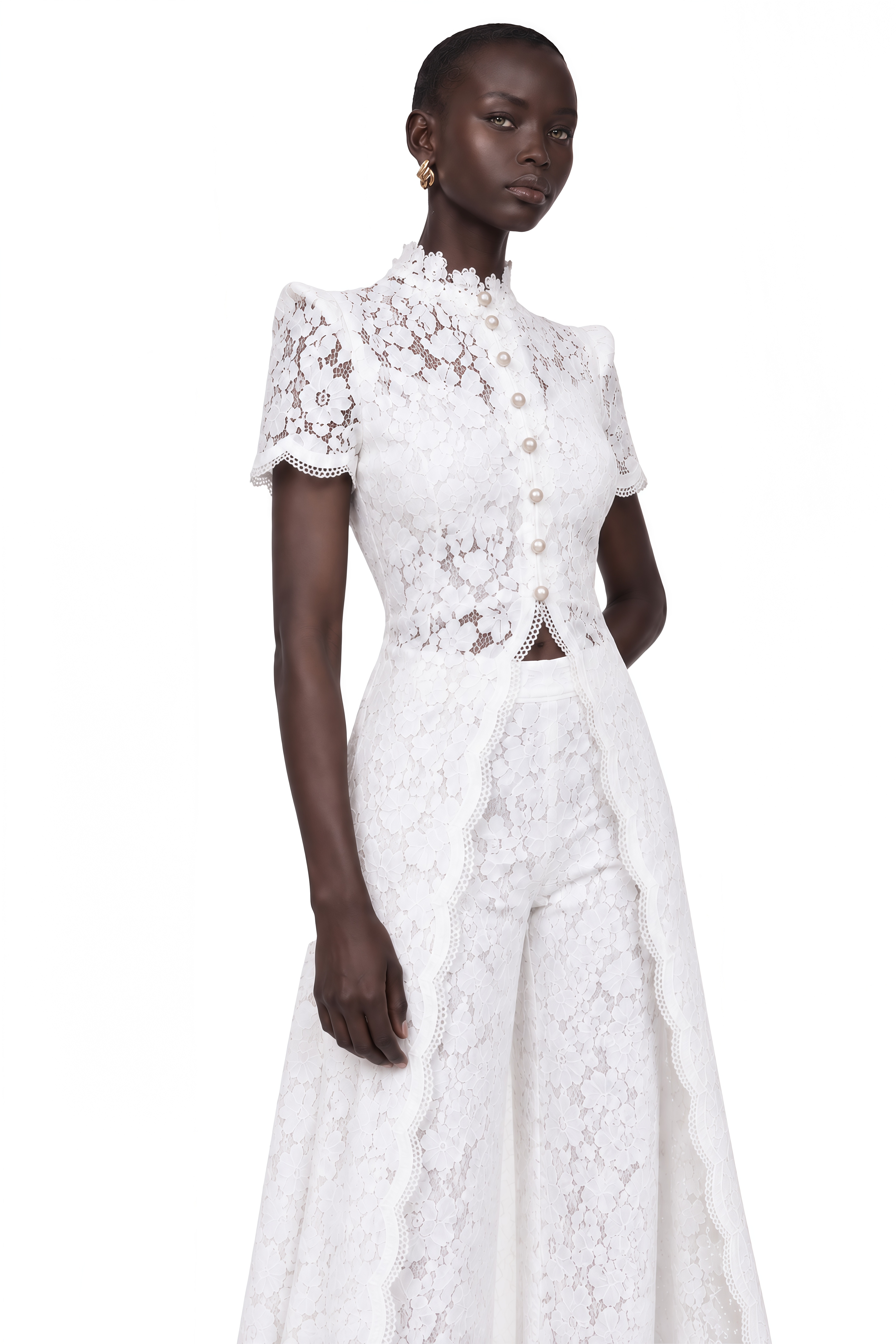 Azaylia White Lace Button Top & Wide Leg Trousers Set
