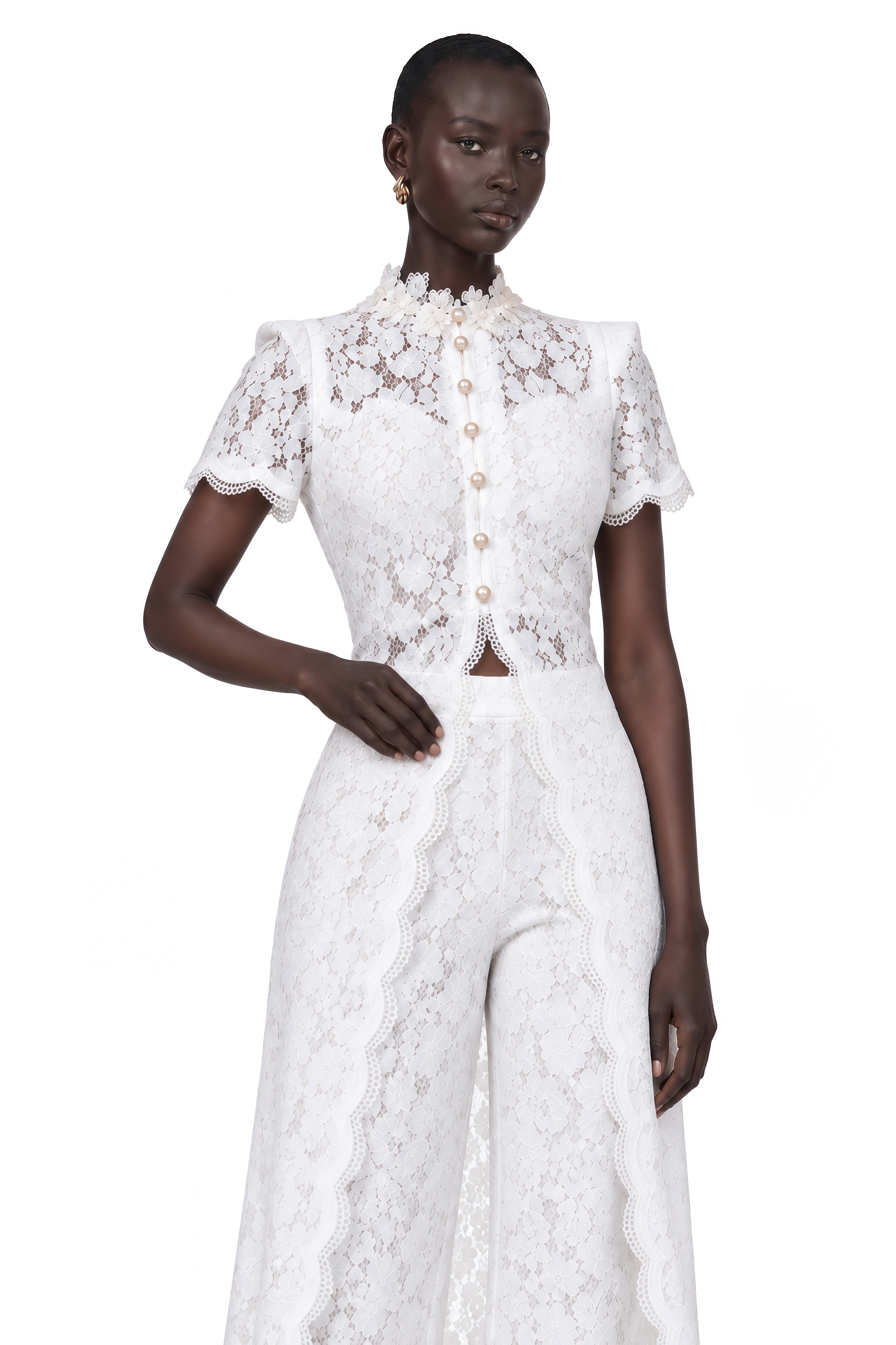 Azaylia White Lace Button Top & Wide Leg Trousers Set
