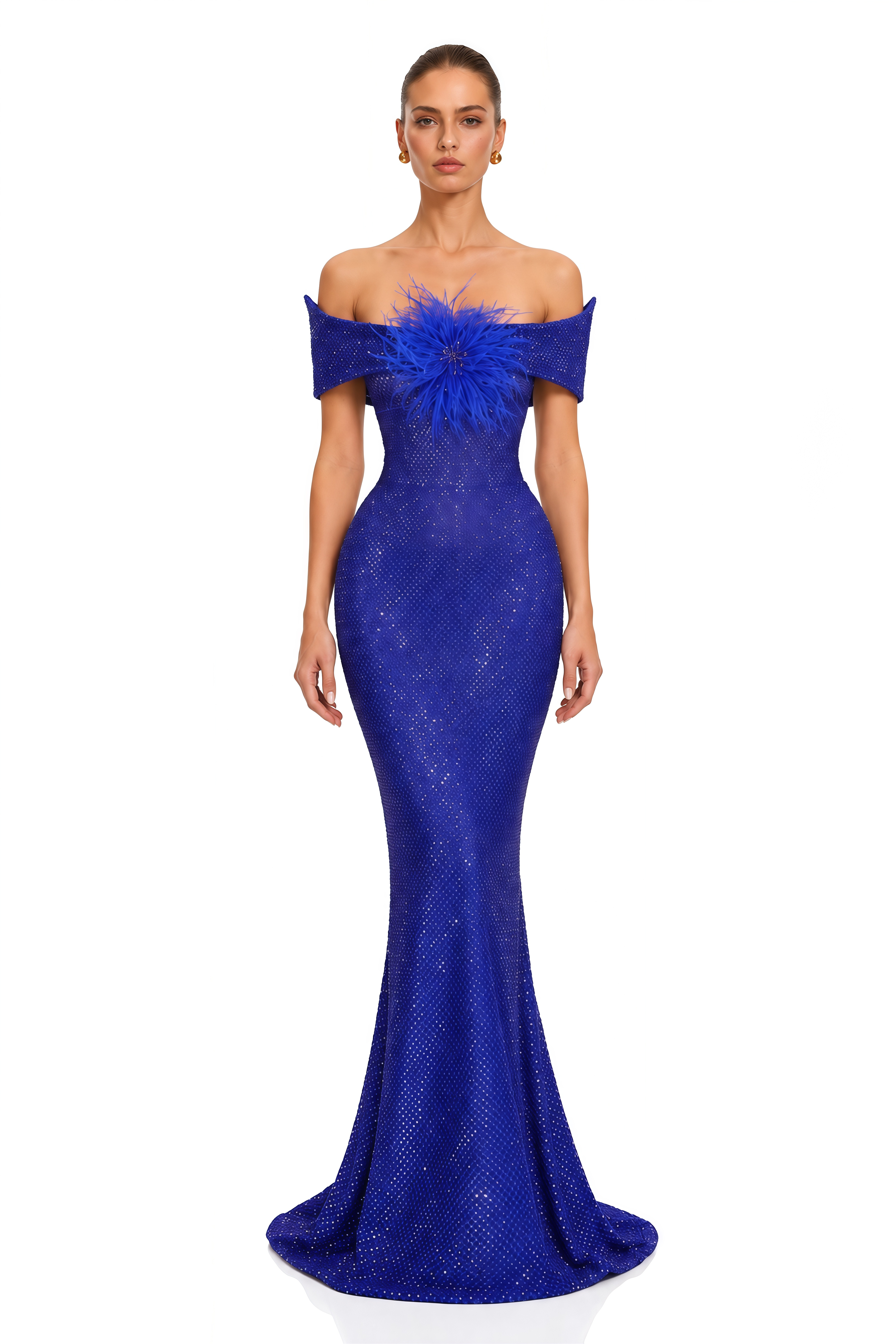 Azeliane Royal Blue Feather Embellished Mermaid Maxi Dress