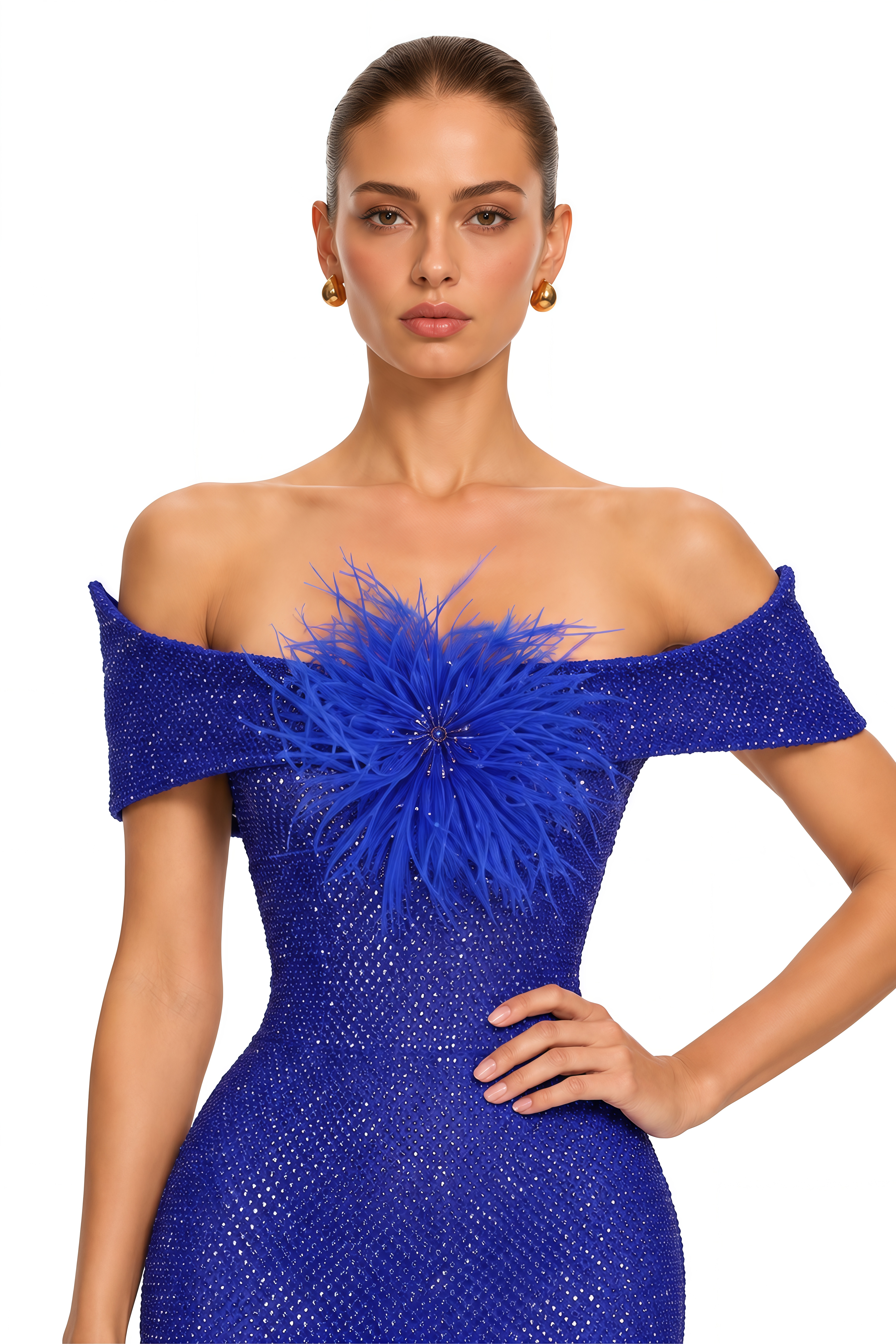 Azeliane Royal Blue Feather Embellished Mermaid Maxi Dress