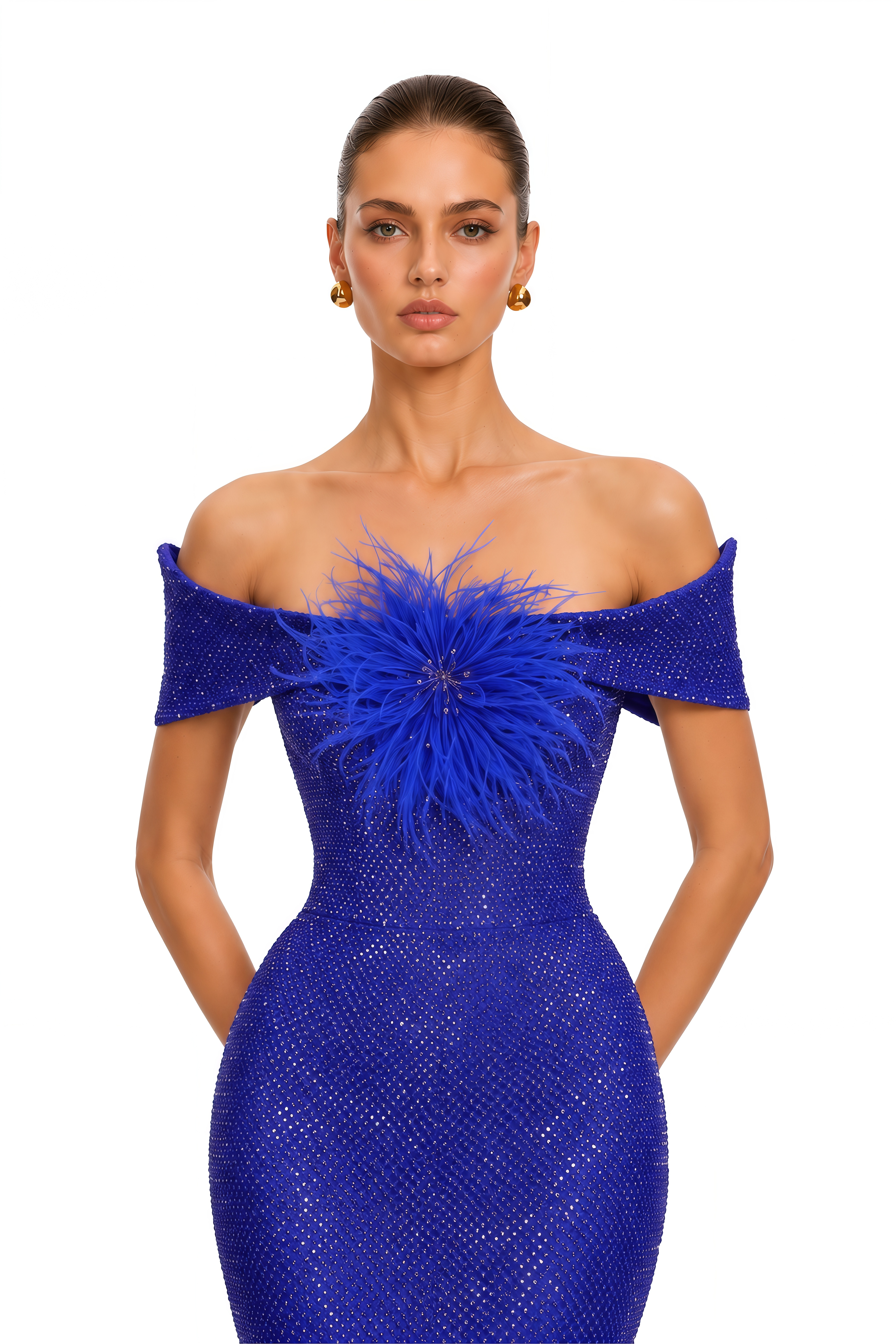Azeliane Royal Blue Feather Embellished Mermaid Maxi Dress