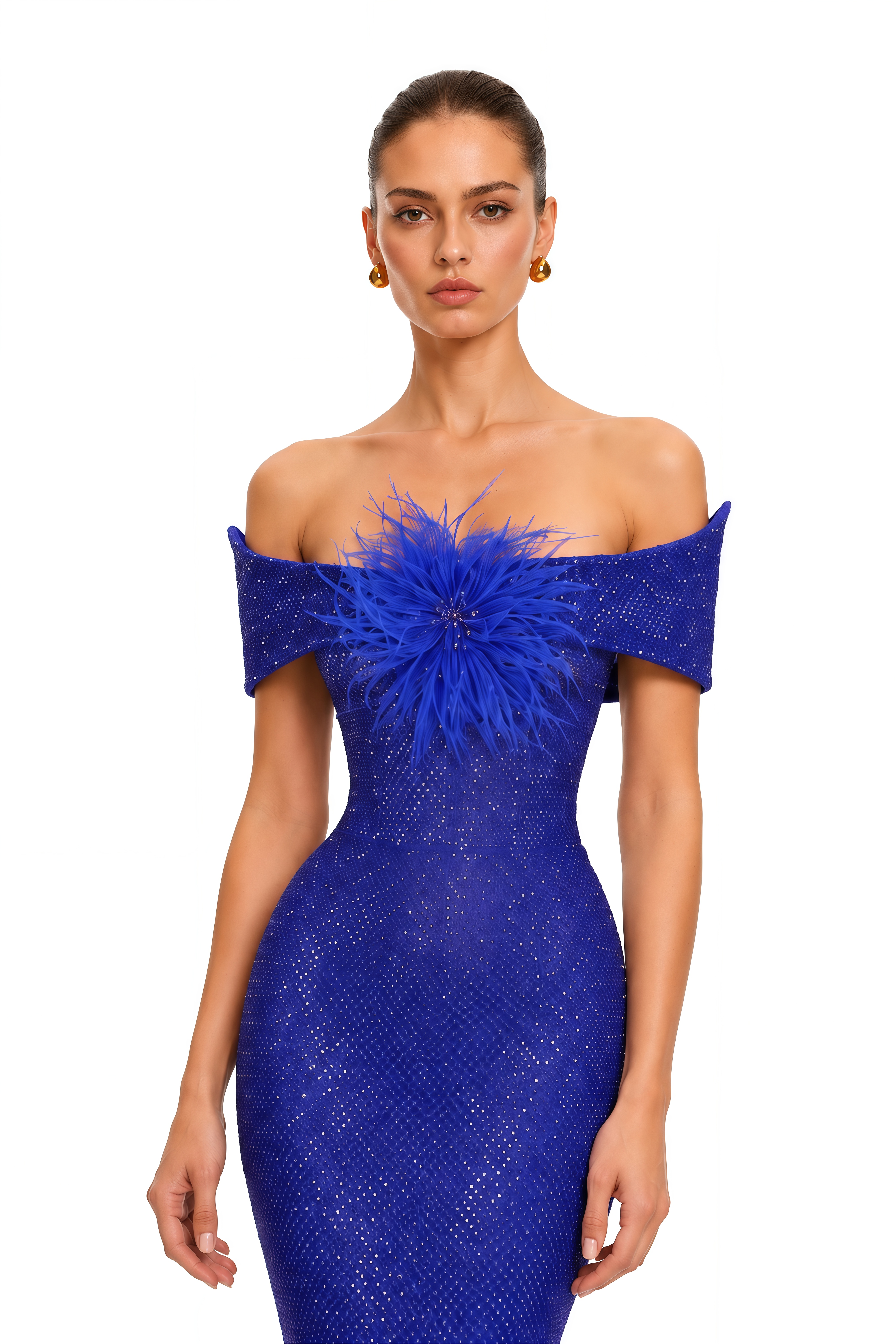Azeliane Royal Blue Feather Embellished Mermaid Maxi Dress