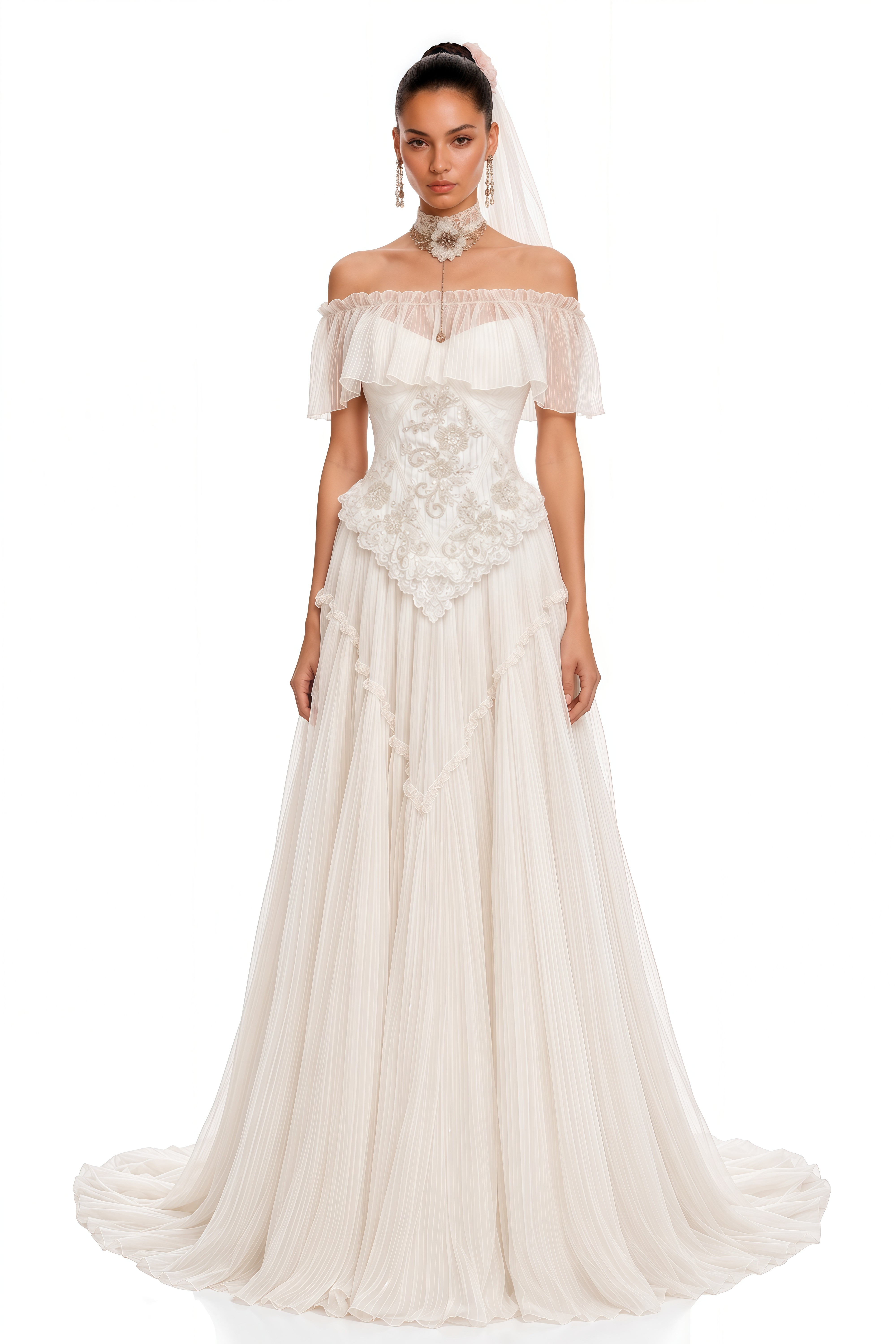 Azelie White Off-Shoulder Pleated Maxi Dress with Shawl