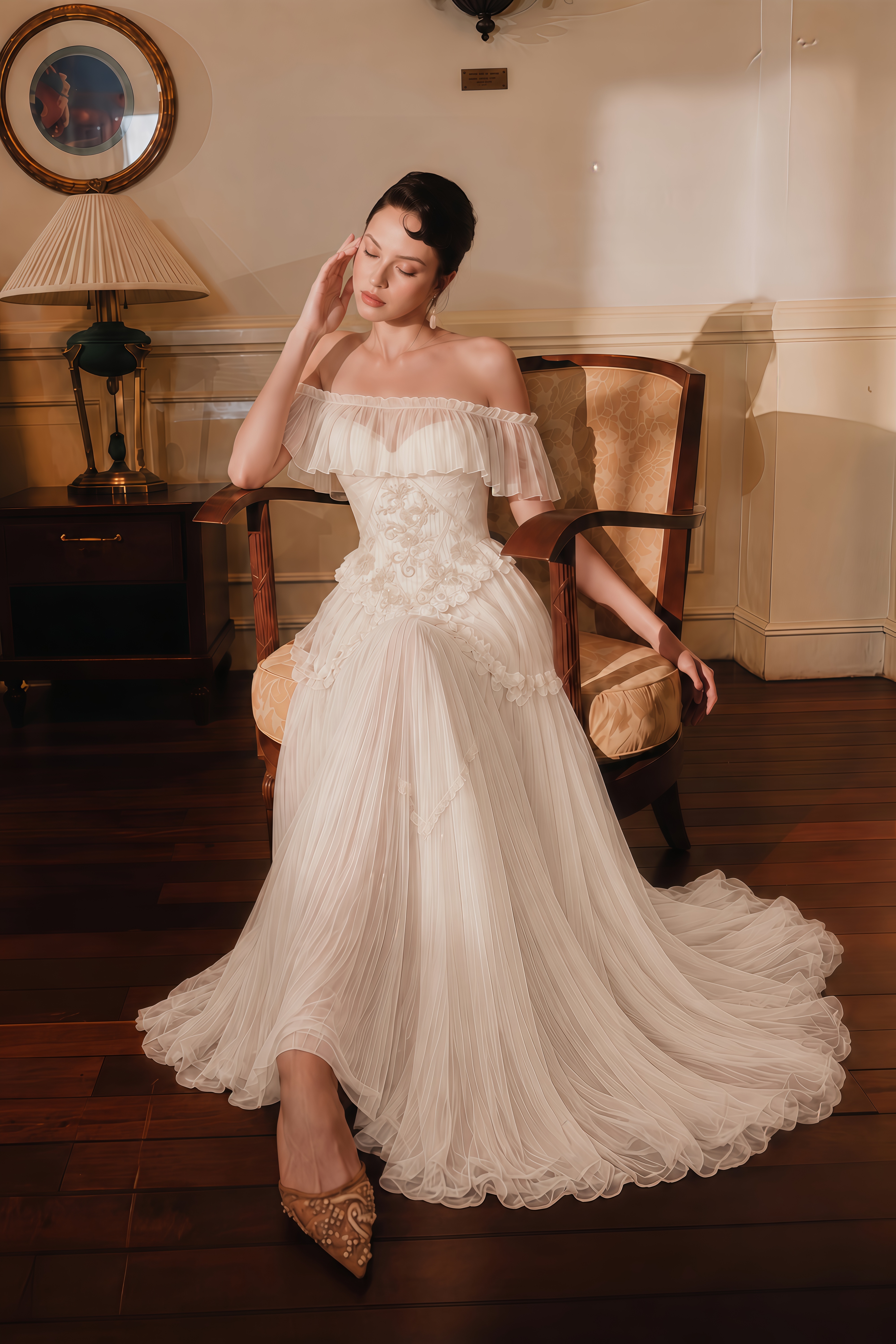 Azelie White Off-Shoulder Pleated Maxi Dress with Shawl