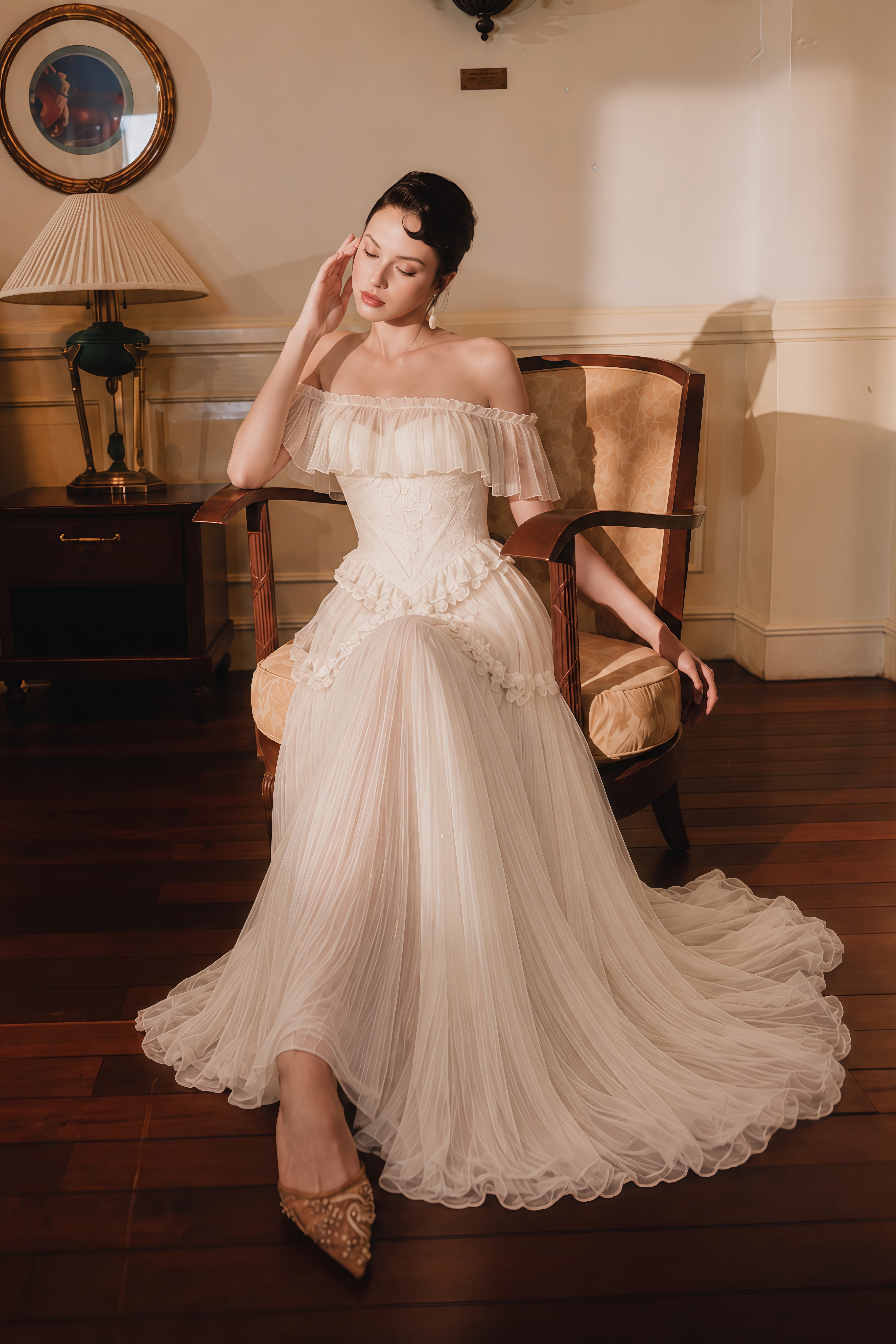 Azelie White Off-Shoulder Pleated Maxi Dress with Shawl