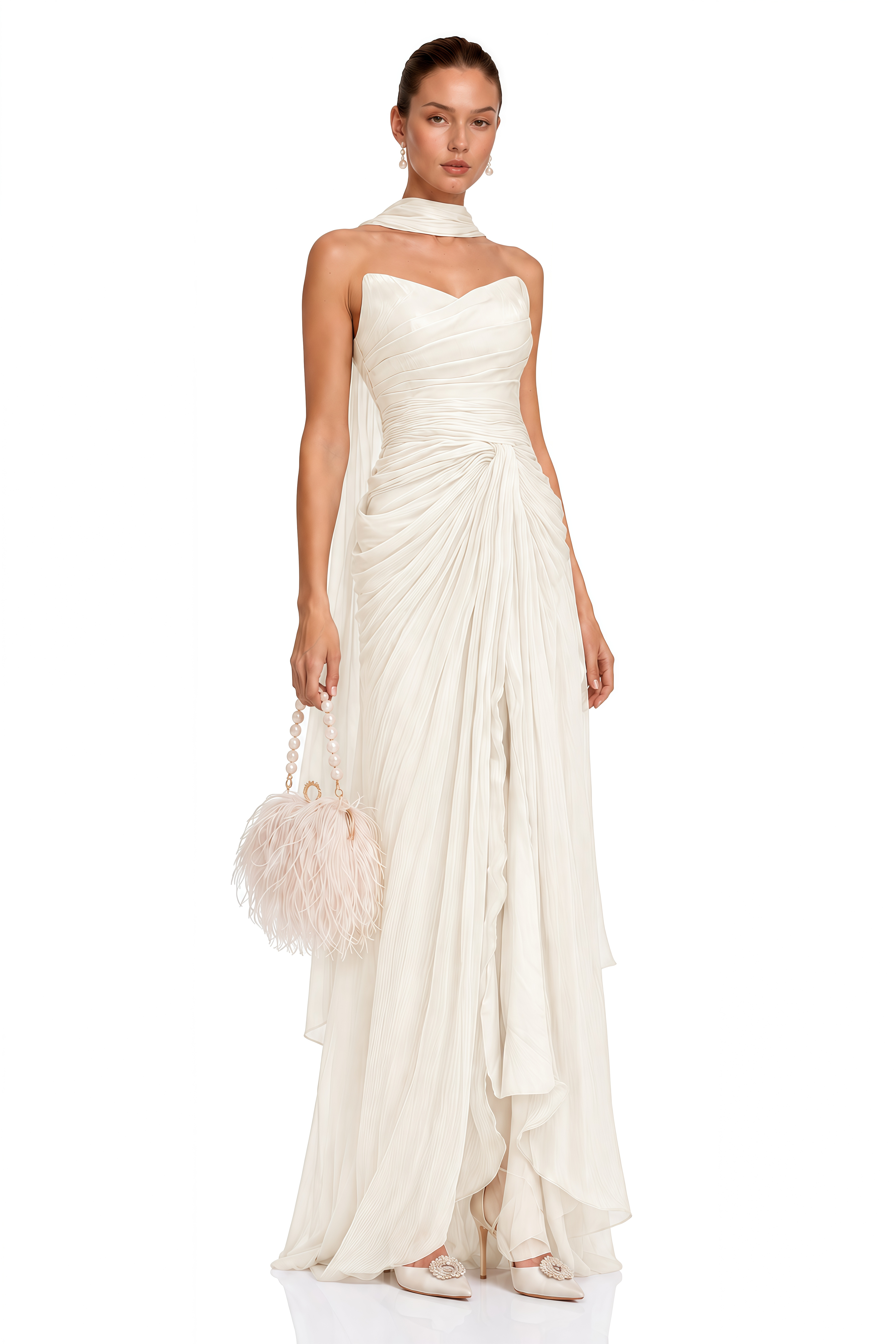 Barbara White Sleeveless Pleated Maxi Dress