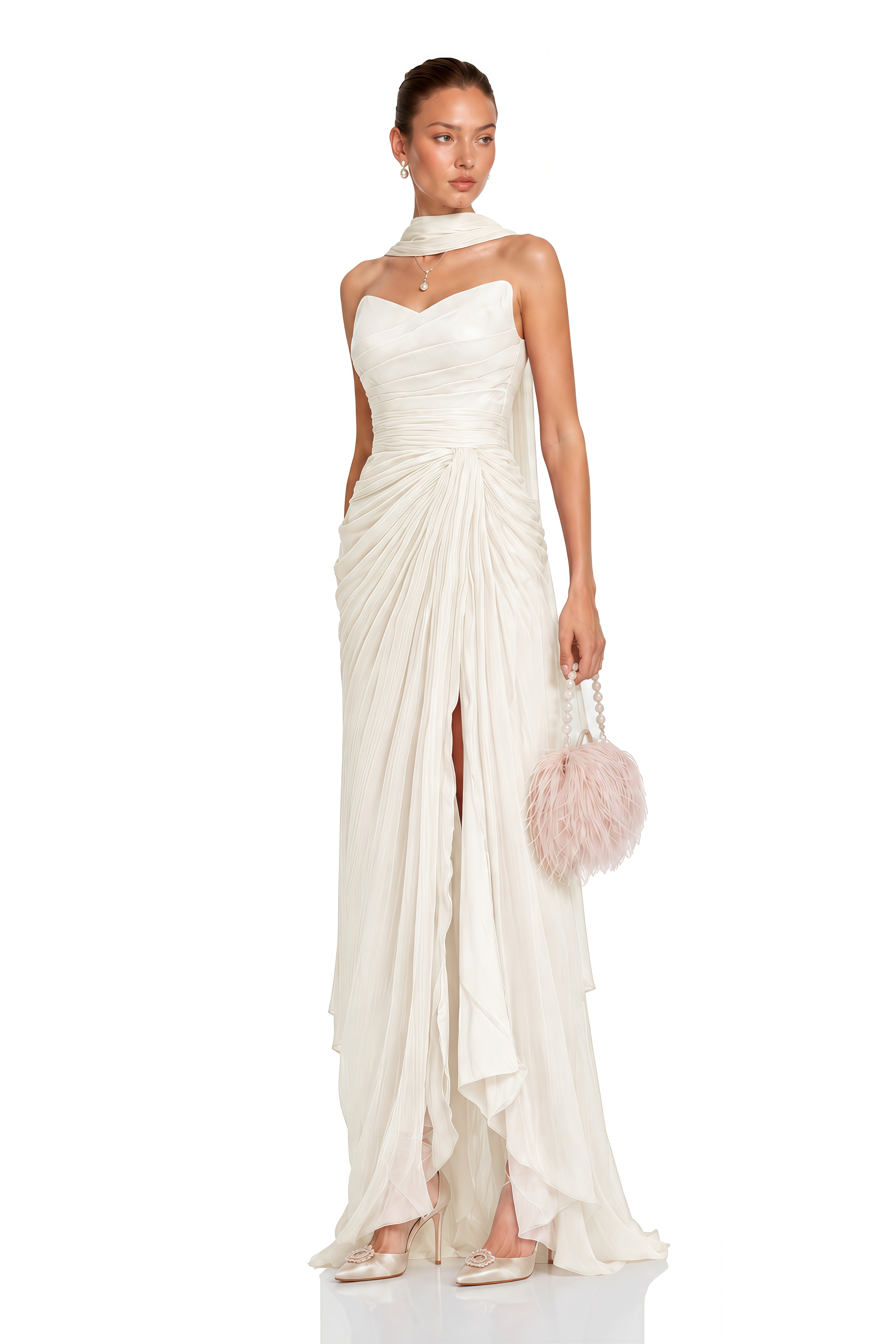 Barbara White Sleeveless Pleated Maxi Dress