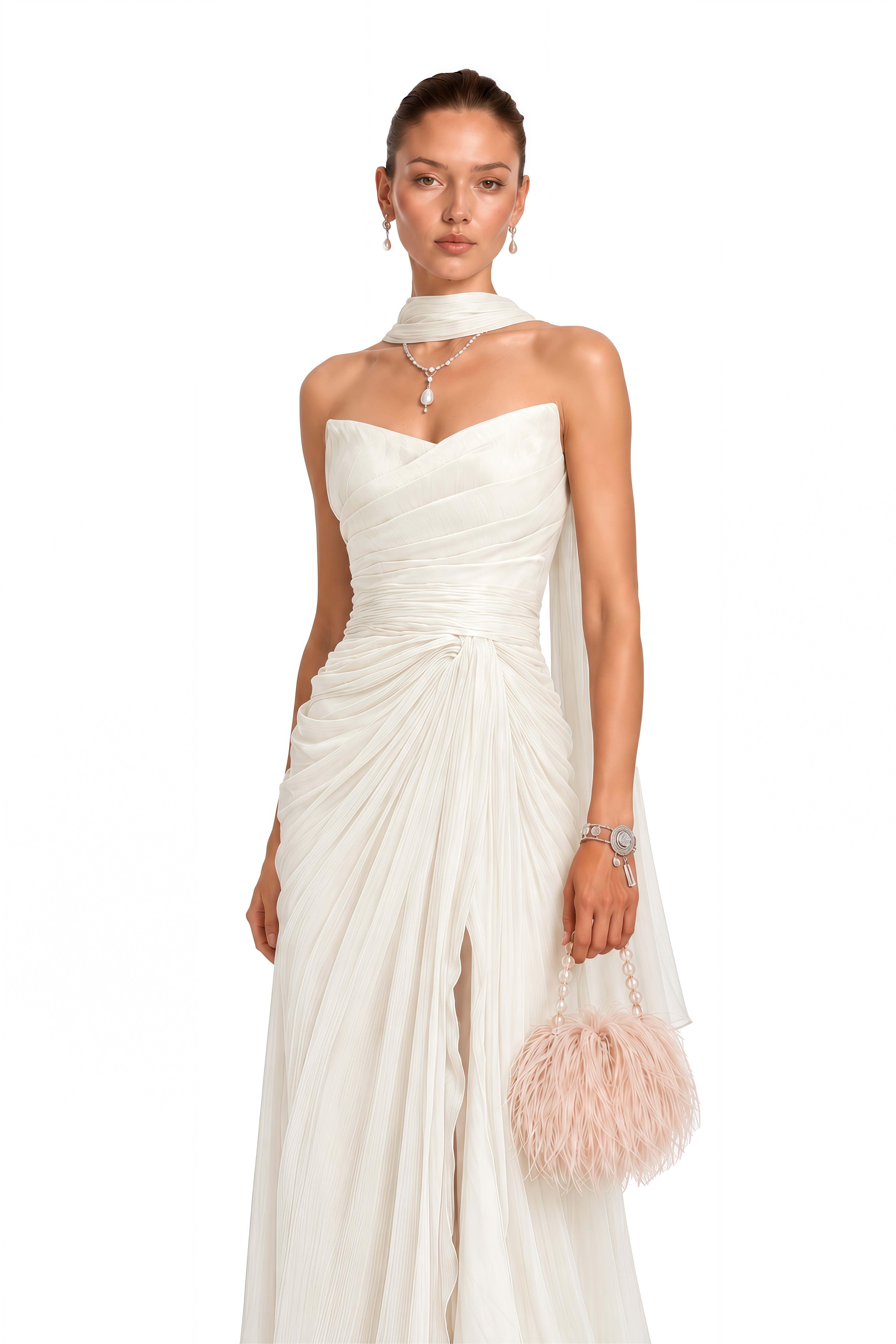 Barbara White Sleeveless Pleated Maxi Dress
