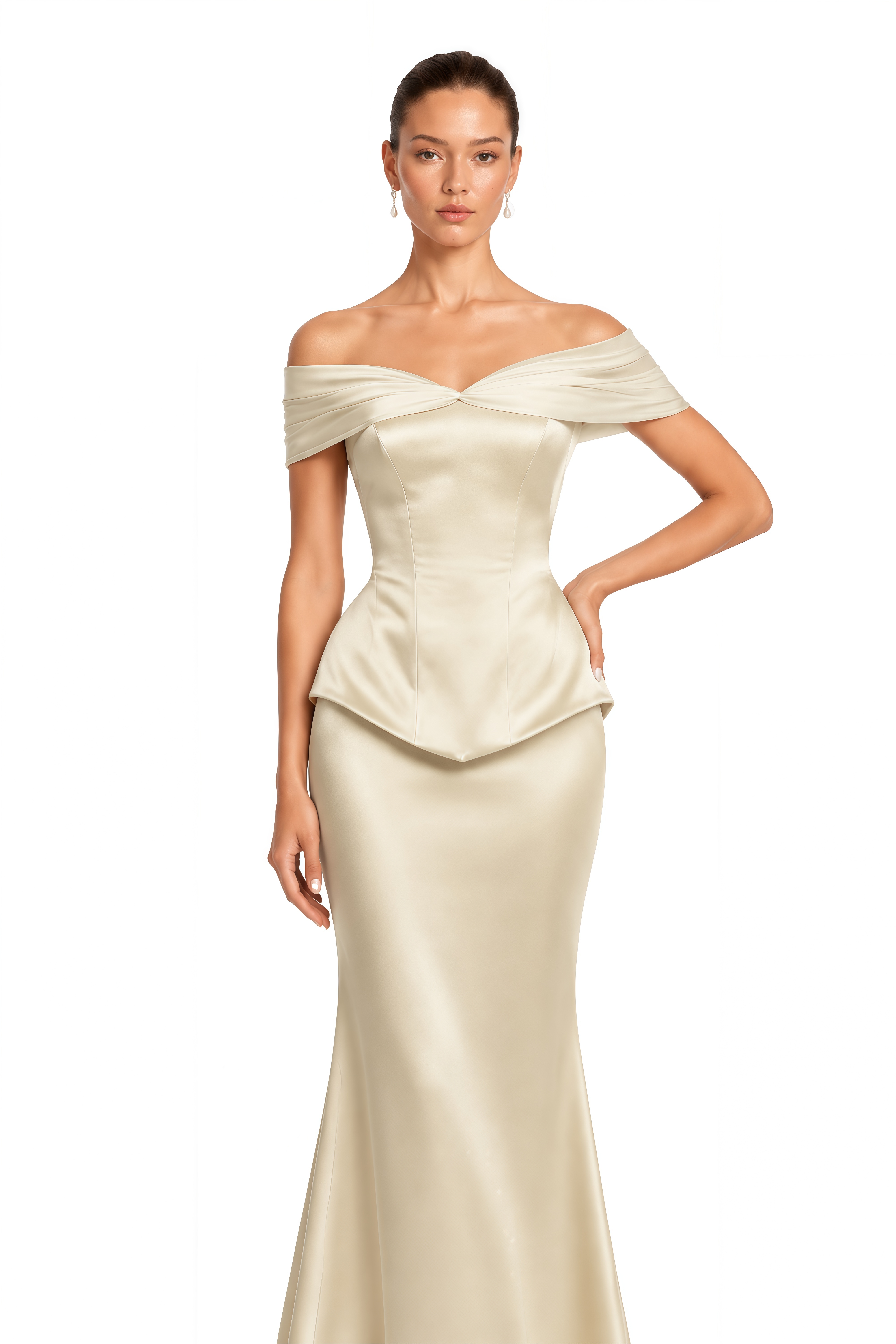 Beatrix Champagne Off Shoulder Satin Corset Top & Maxi Skirt Set