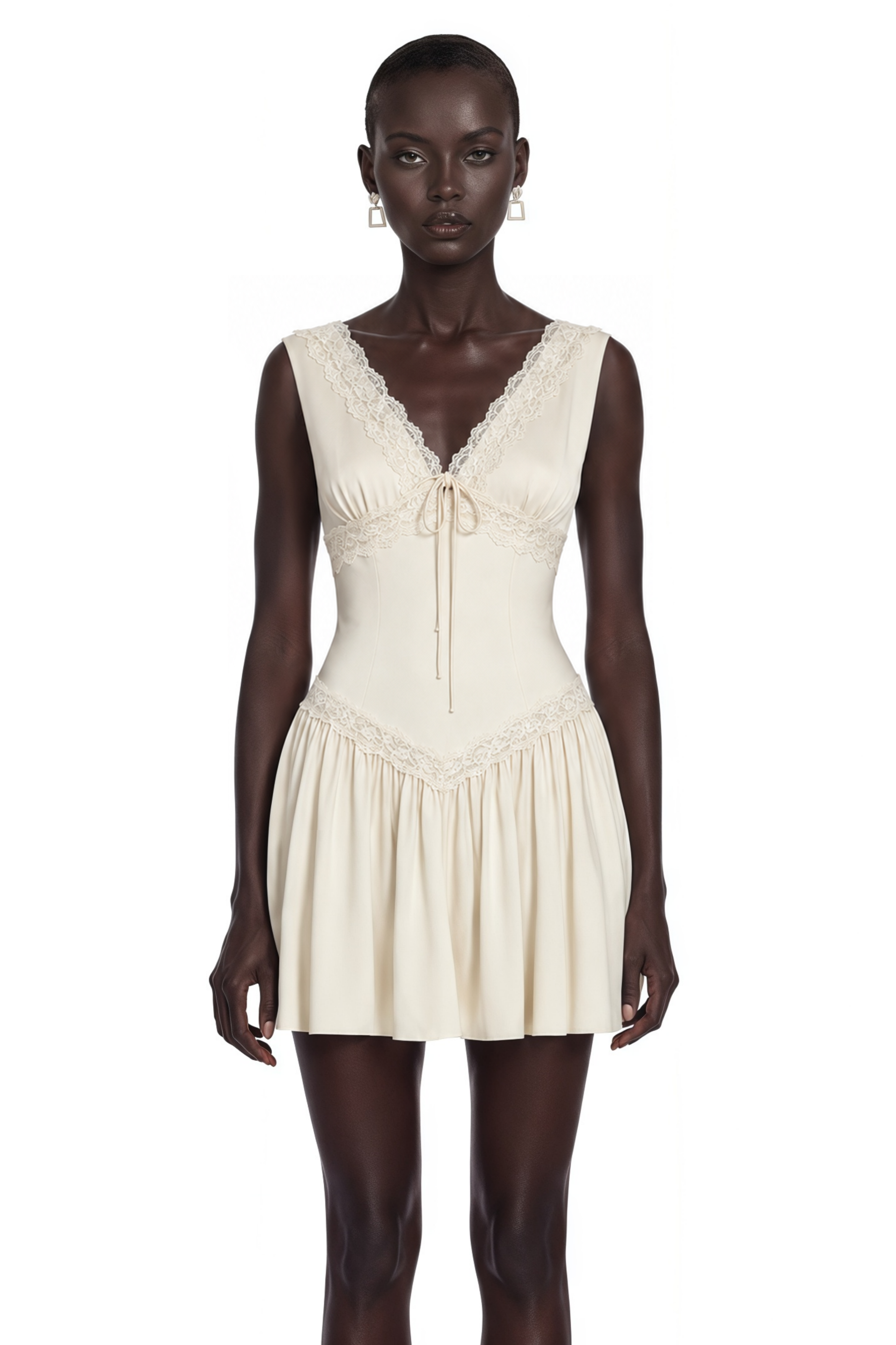 Belinda Ivory V-Neck Mini Dress with Lace Trim