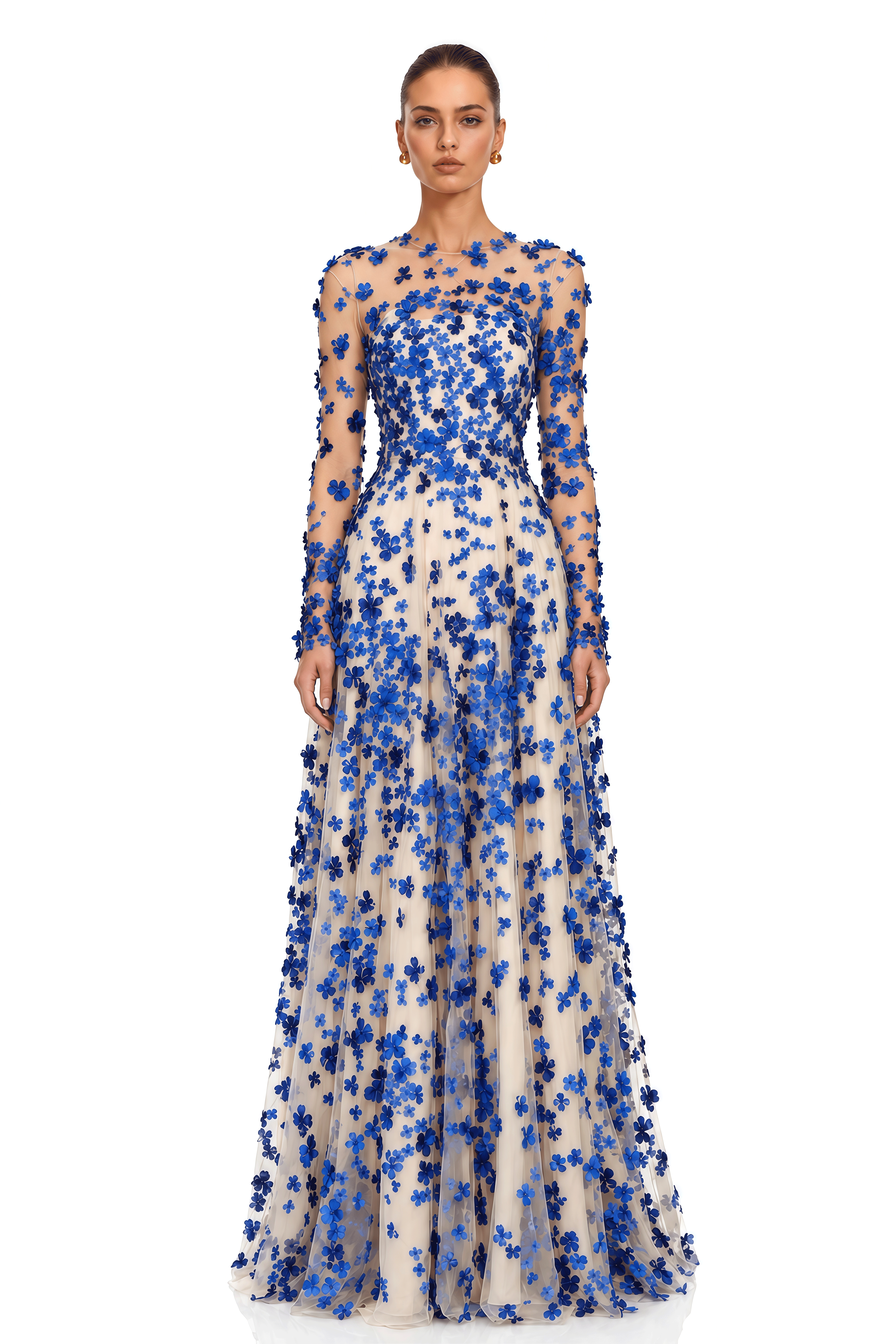Bella Blue 3D Floral Long Sleeve Maxi Dress
