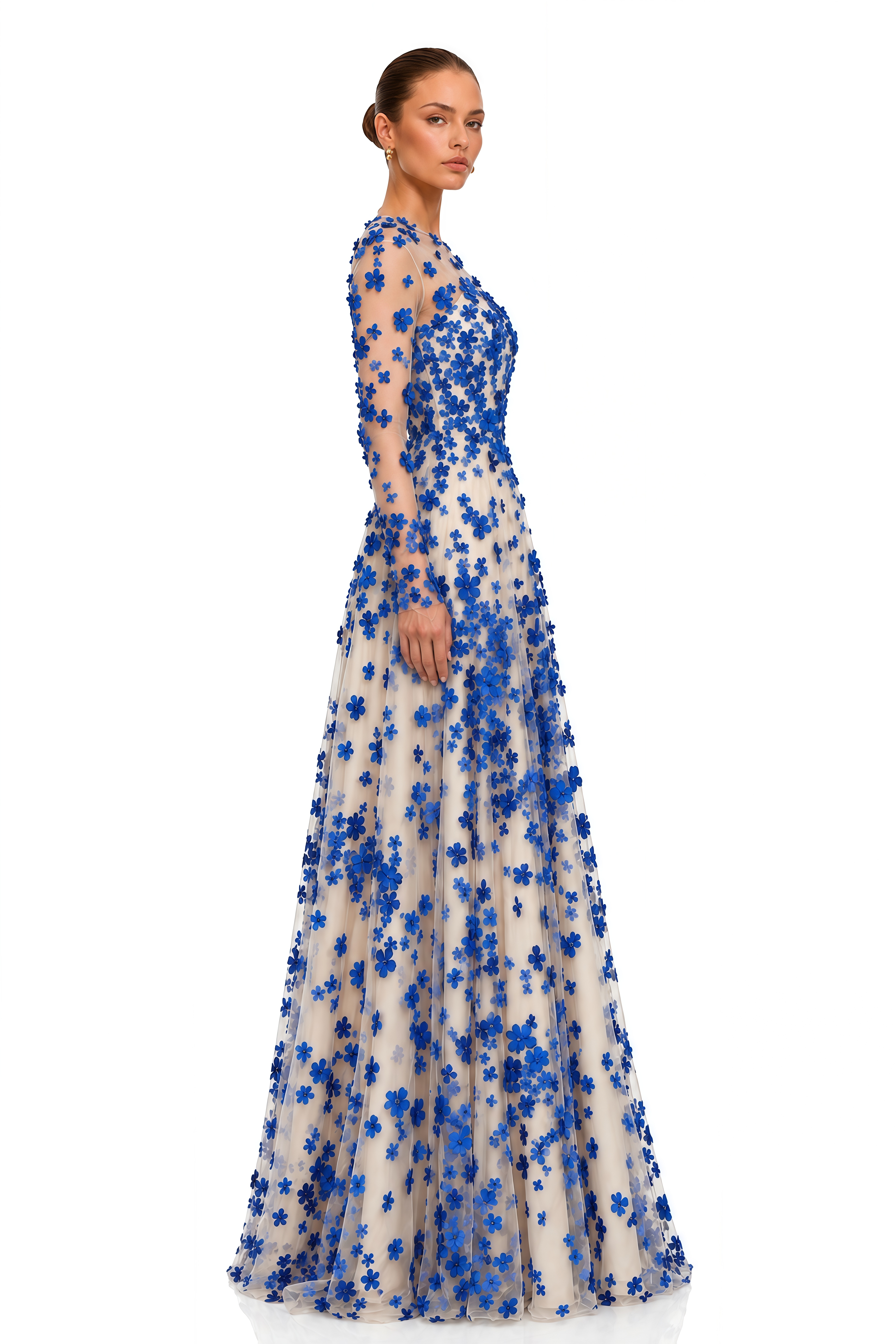 Bella Blue 3D Floral Long Sleeve Maxi Dress