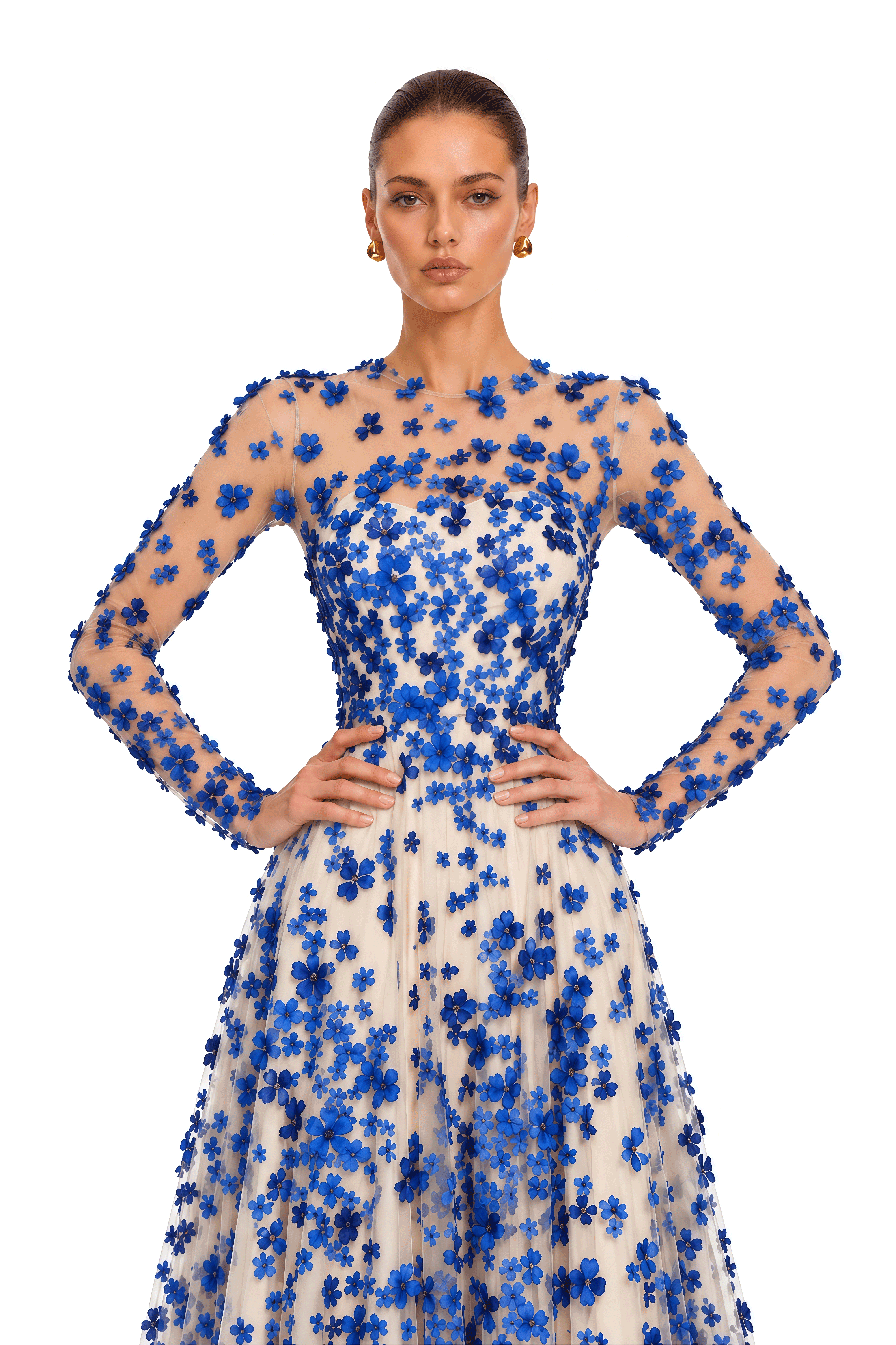Bella Blue 3D Floral Long Sleeve Maxi Dress