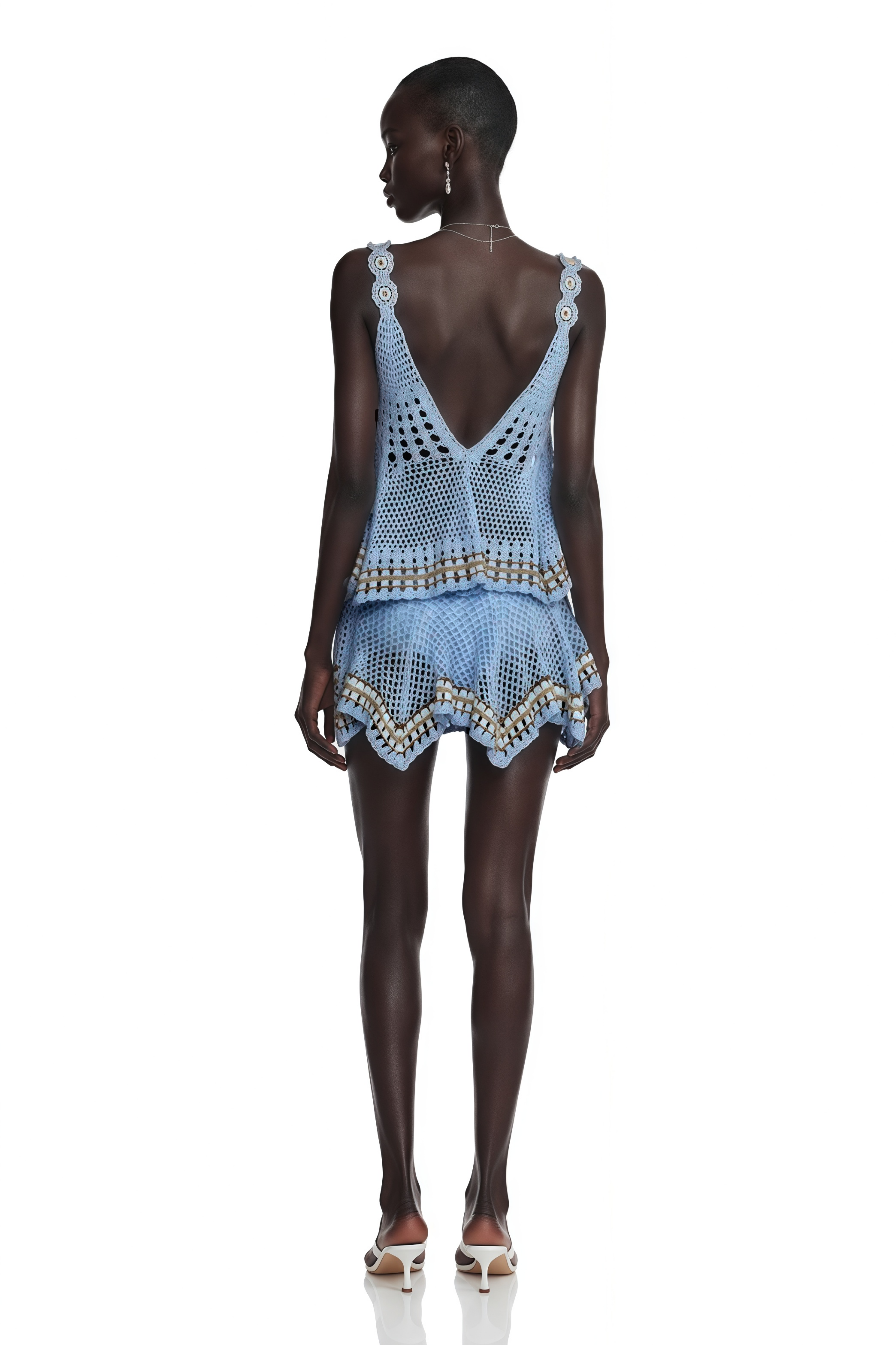 Light blue crochet V-neck tank top and matching shorts set