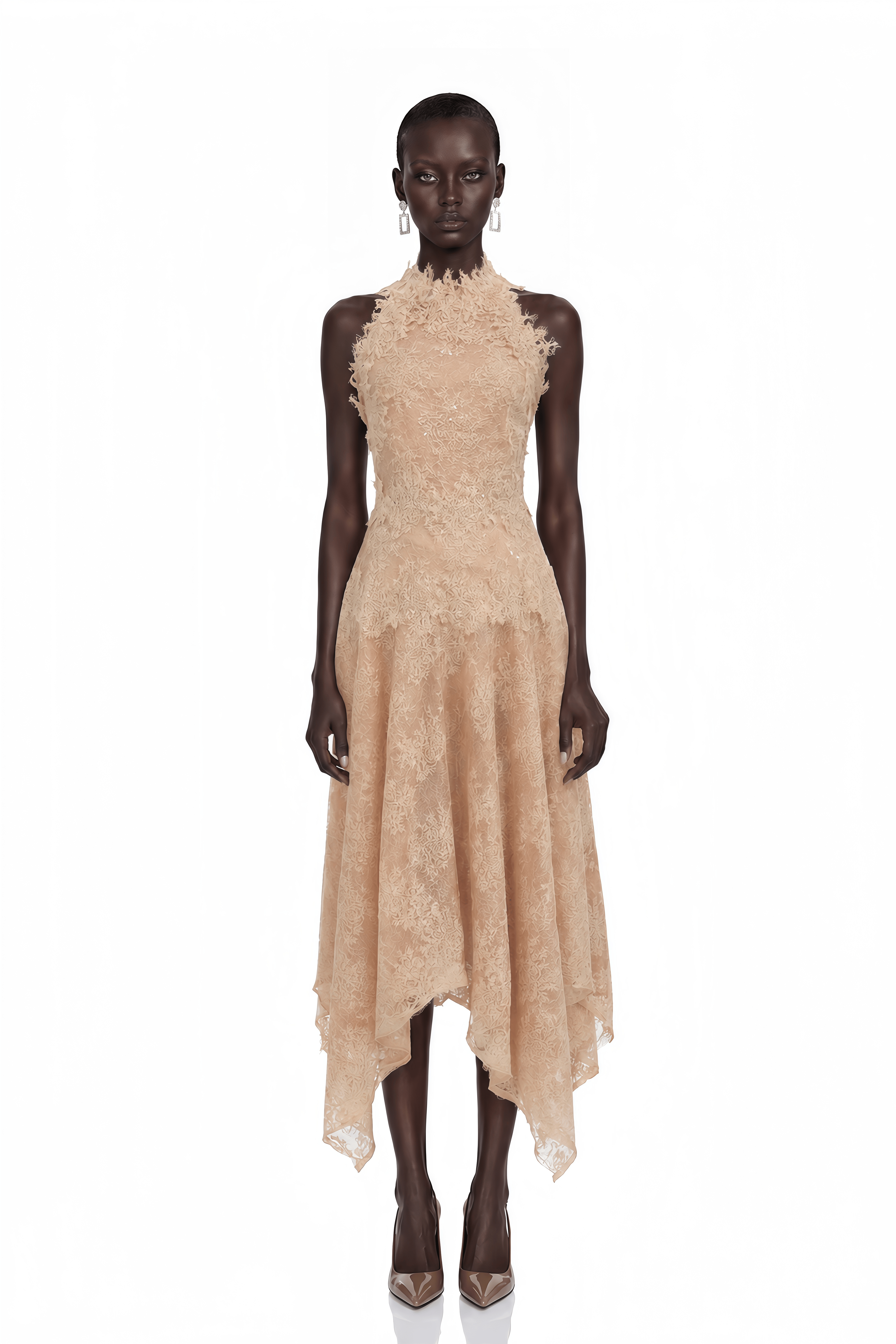 Benedetta Neutral Sleeveless Floral Embroidered Midi Dress