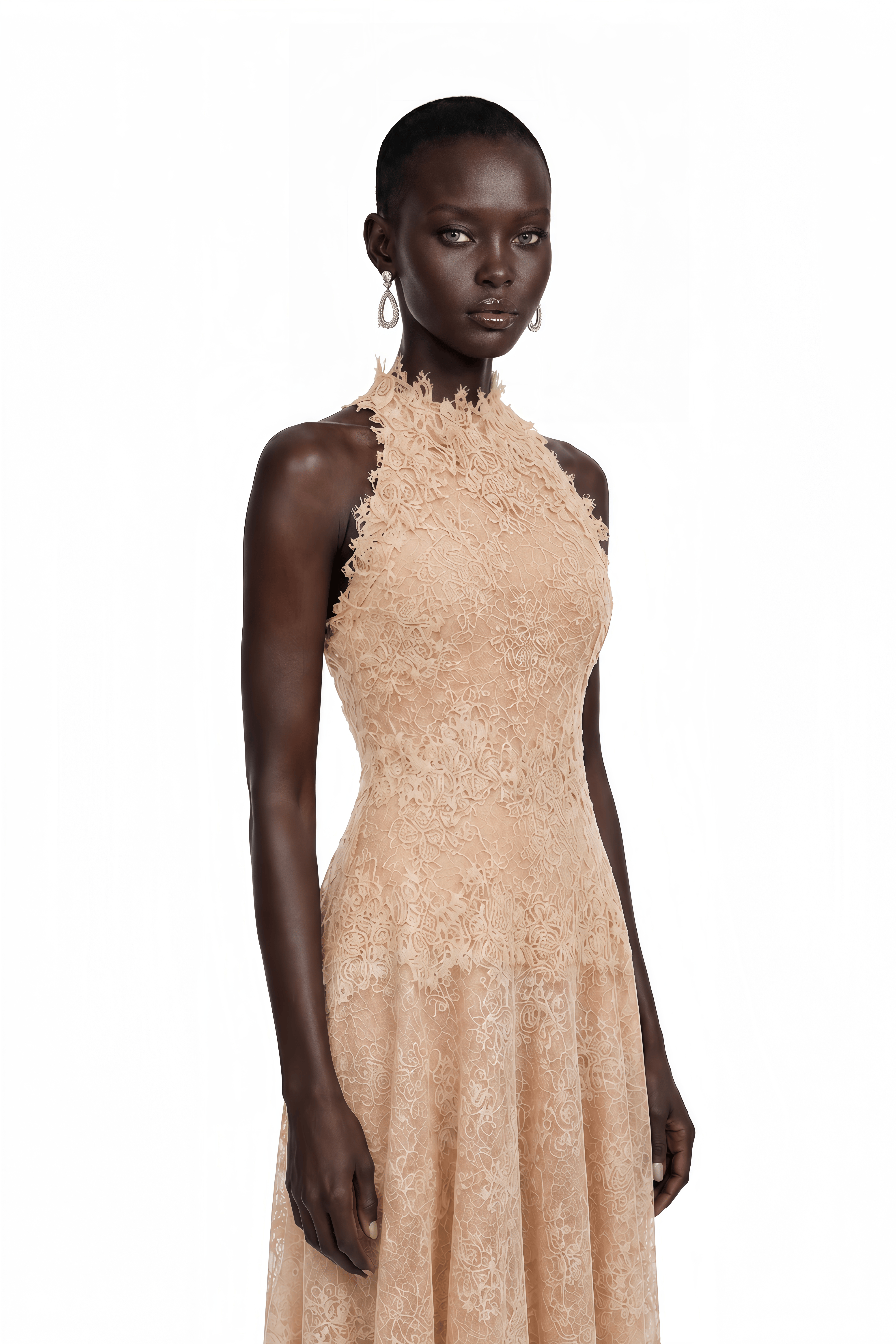 Benedetta Neutral Sleeveless Floral Embroidered Midi Dress